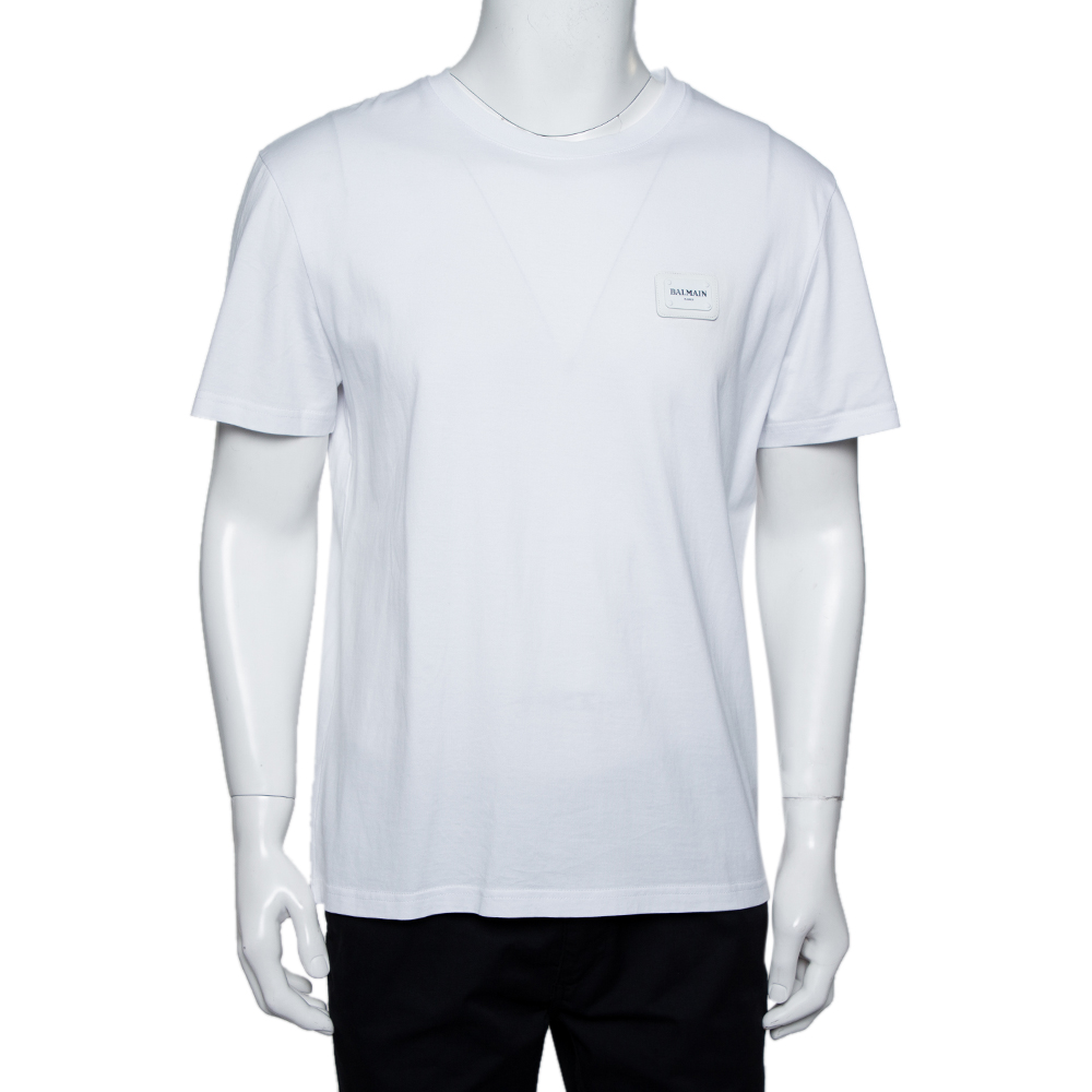Balmain White Cotton Logo Patch Detail Crewneck T-Shirt L