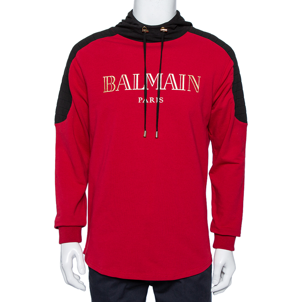 Balmain Red & Black Logo Printed Cotton Hoodie L