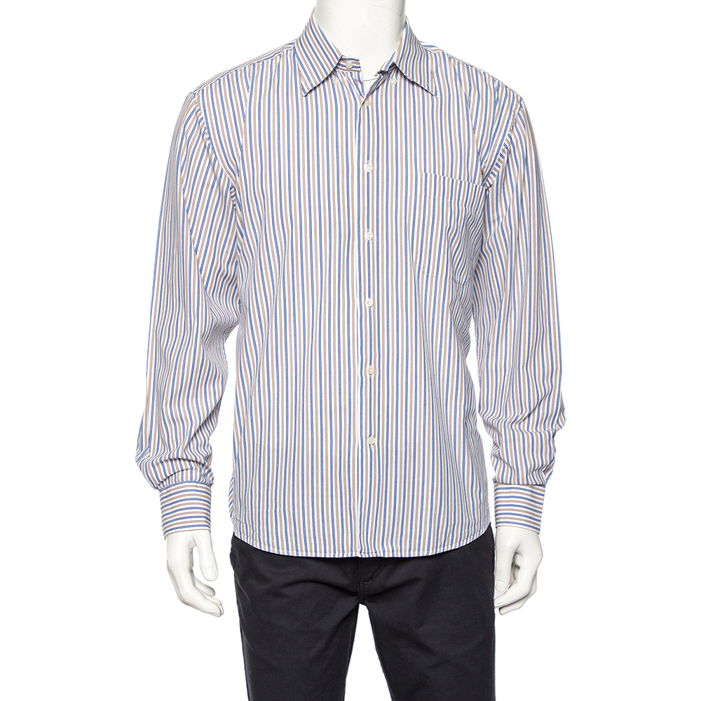 Balmain White Striped Cotton Button Front Shirt L