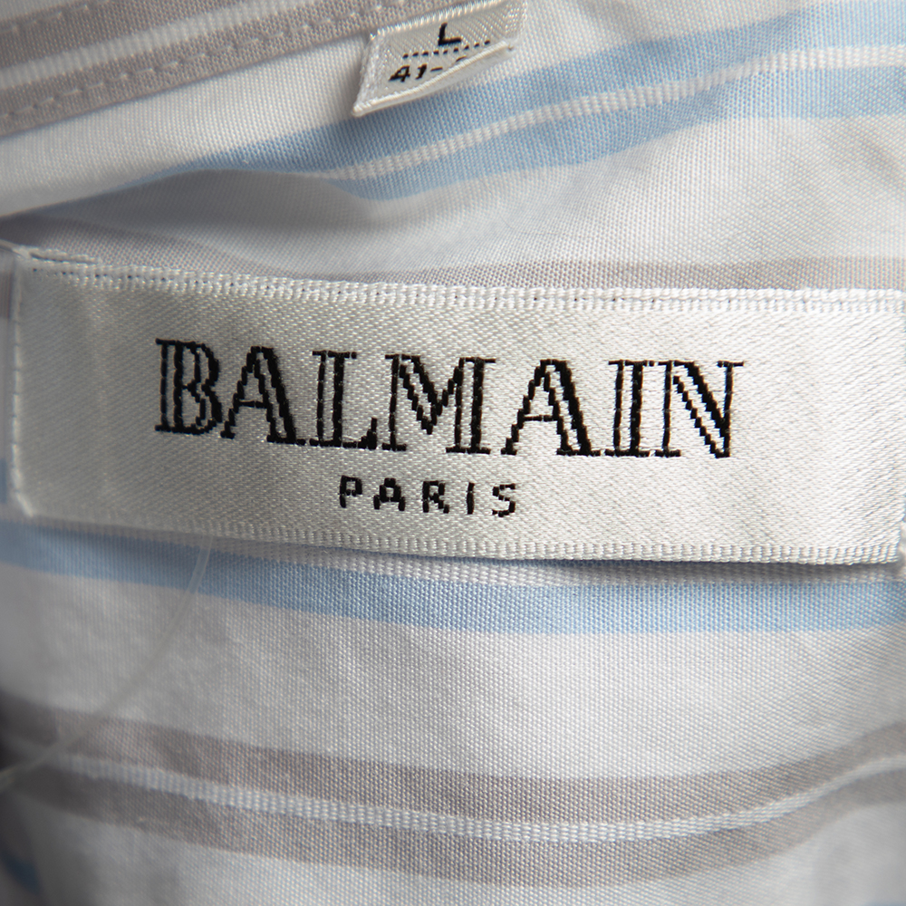 Balmain White Striped Cotton Short Sleeve Shirt L