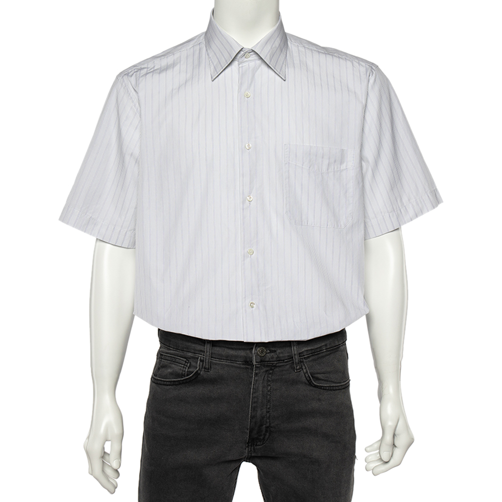 Balmain White Striped Cotton Short Sleeve Shirt L