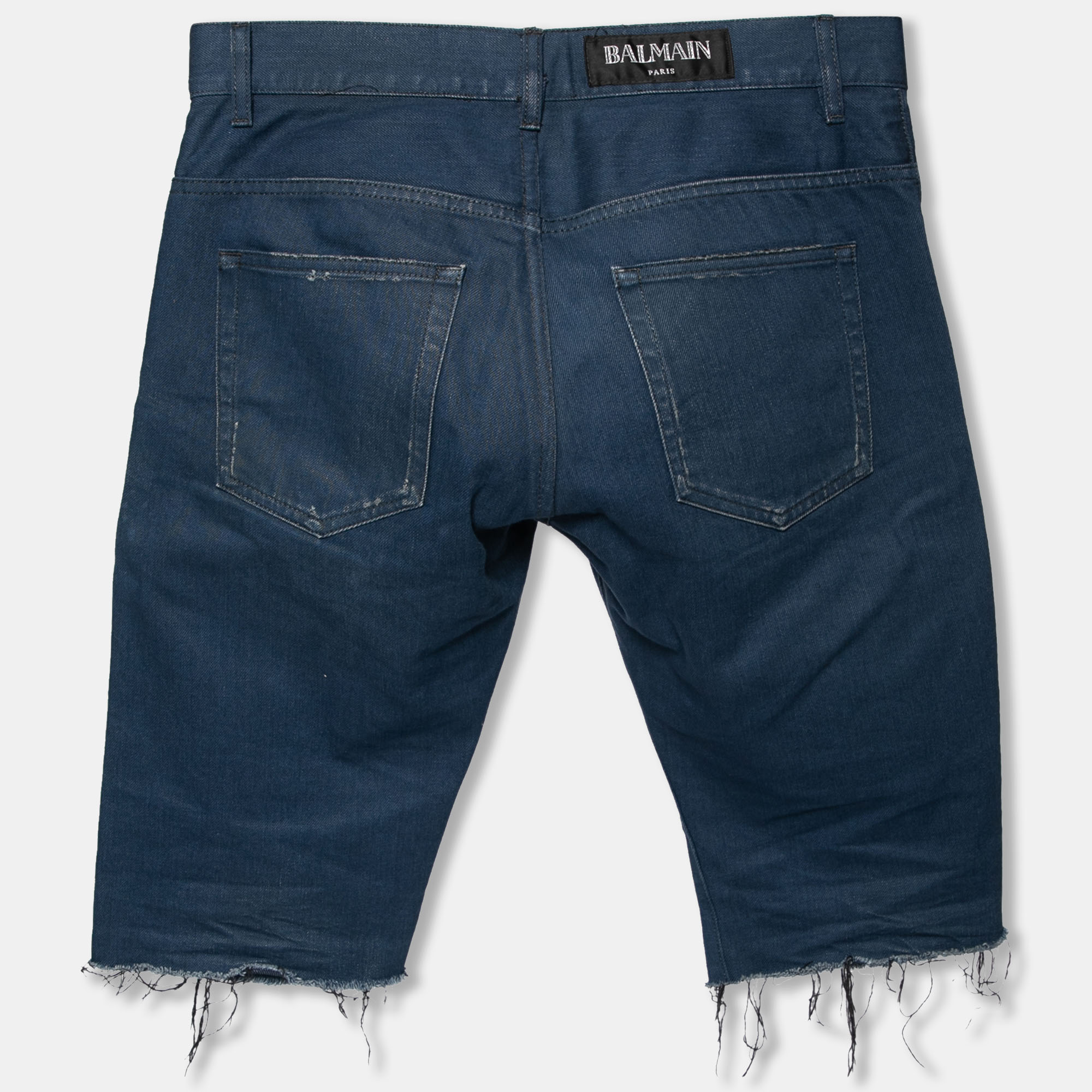 Balmain Blue Denim Frayed Edged Shorts M