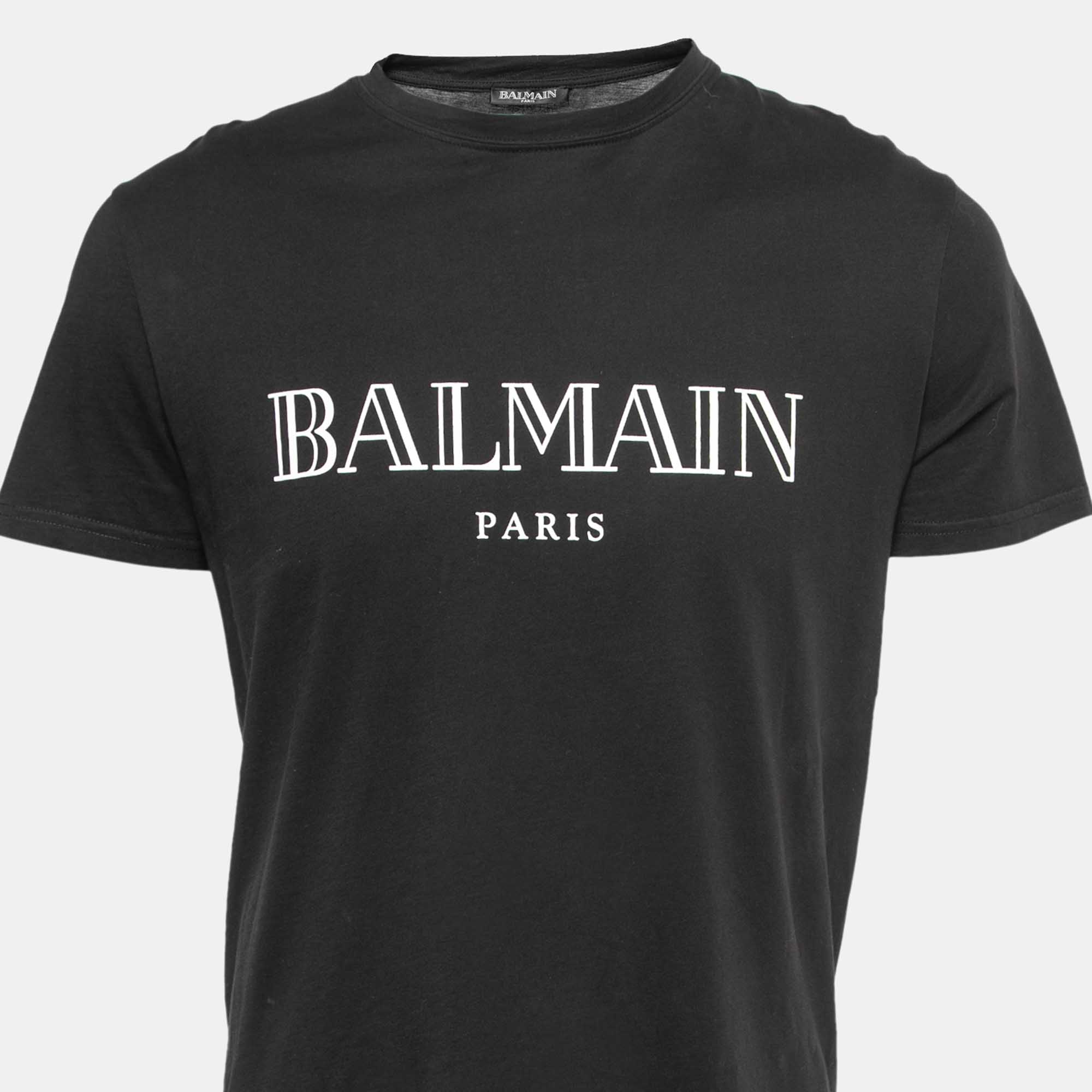 Balmain Black Logo Printed Cotton Short Sleeve T-Shirt L