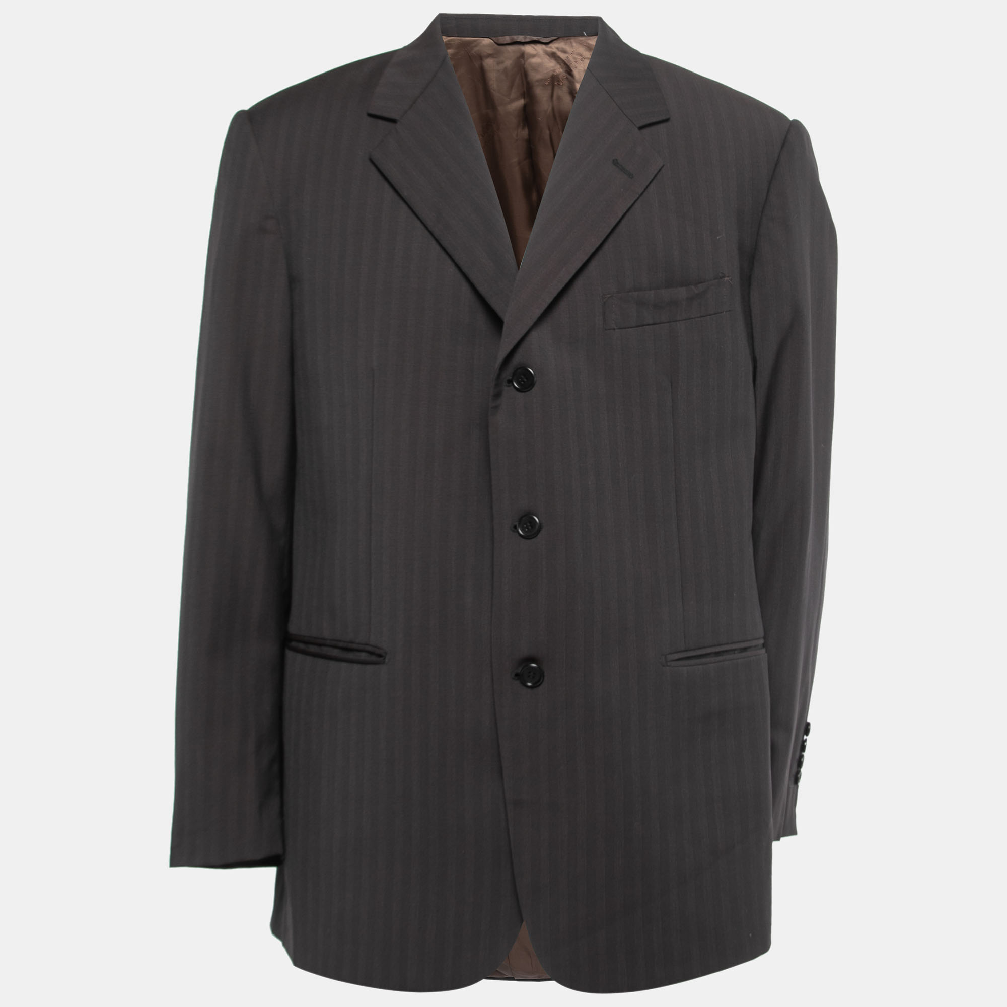 Balmain Dark Brown Striped Wool Button Front Blazer XXL