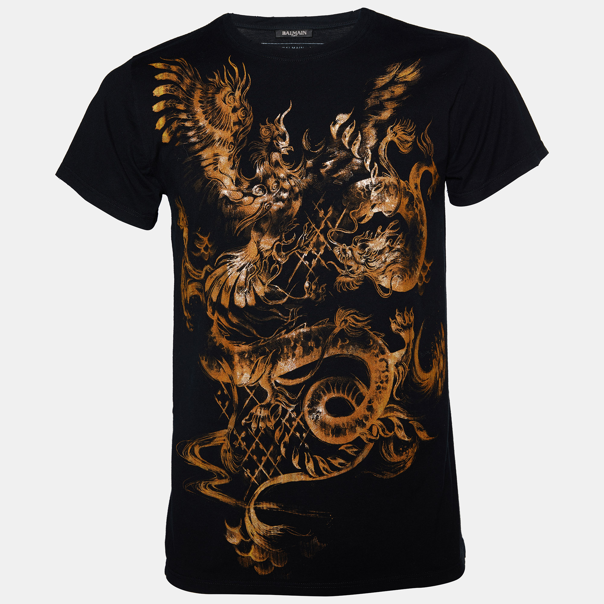 Balmain Black Dragon Printed Cotton Knit Distressed T-Shirt S