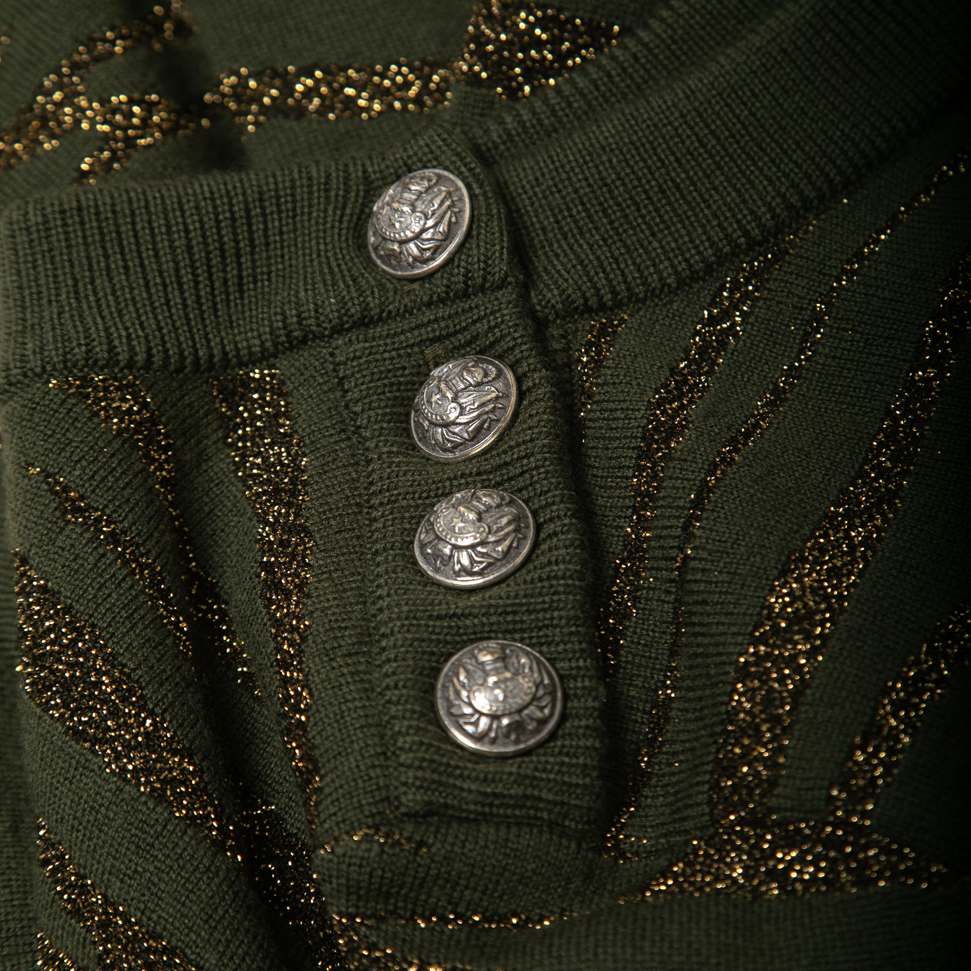 Balmain Green/Metallic Patterned Knit Button Detail Sweater XS