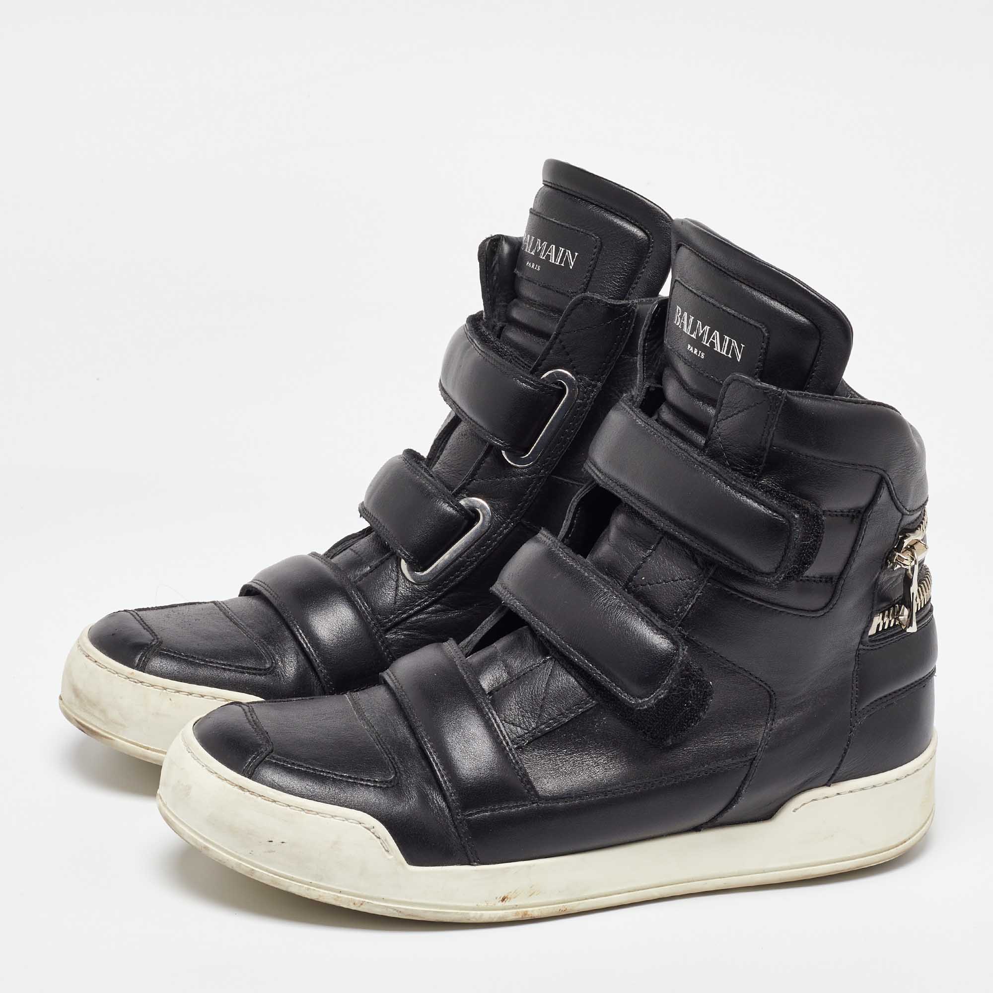 Balmain Black Leather Zip High Top Sneakers Size 42