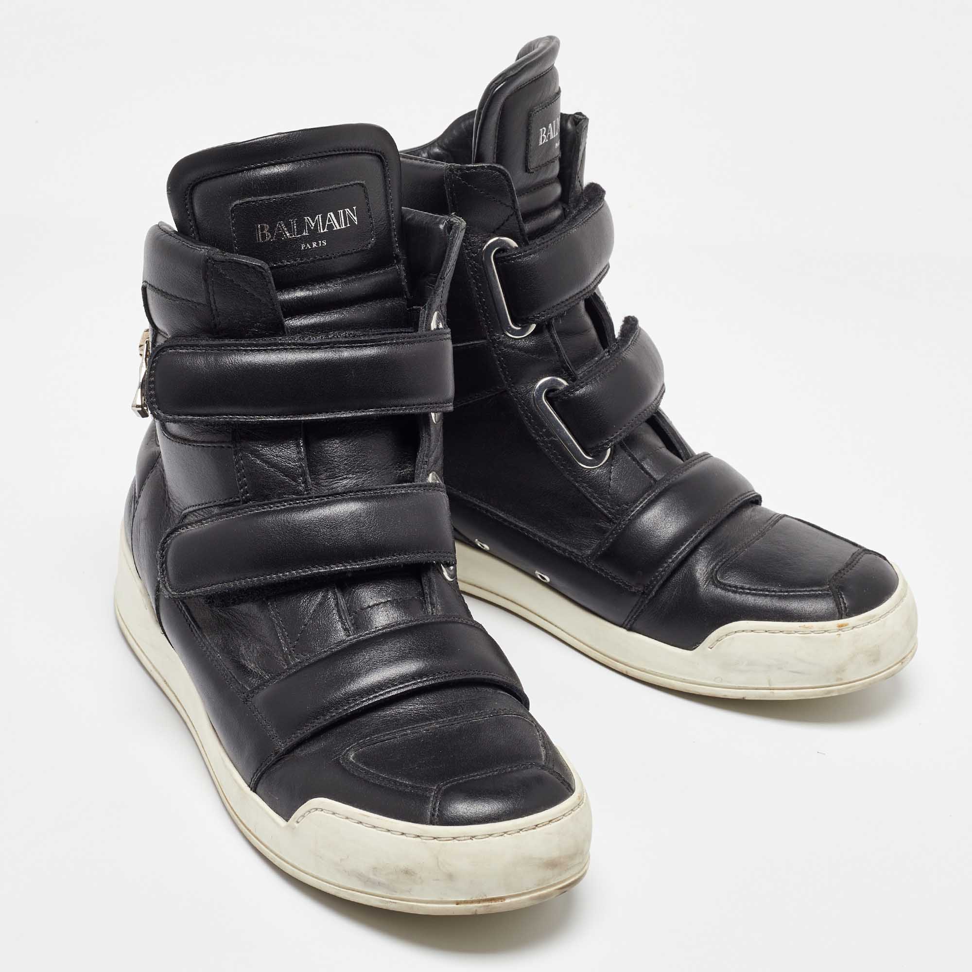 Balmain Black Leather Zip High Top Sneakers Size 42