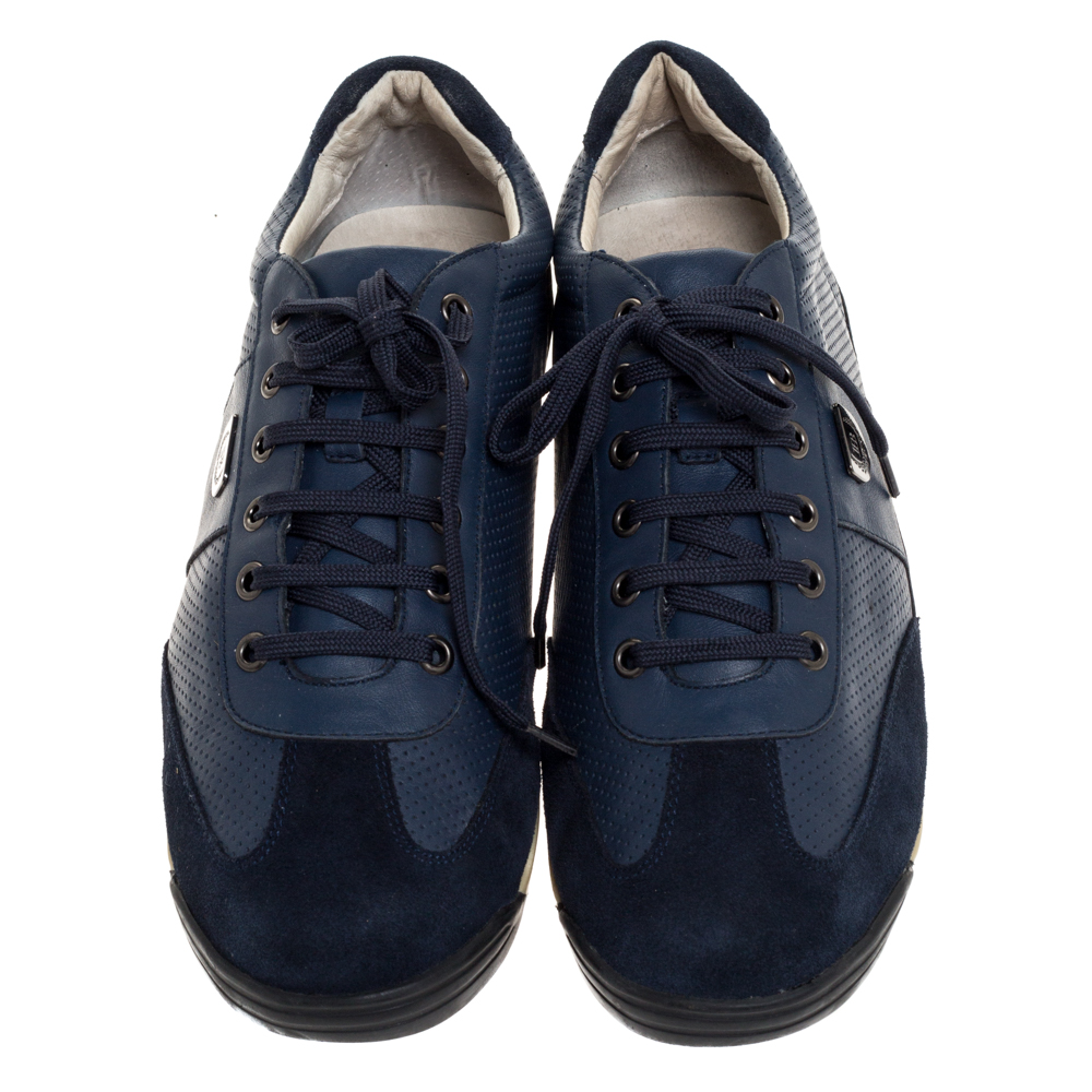 Balmain Blue Perforated Leather And Suede Lace Up Sneakers Size 43