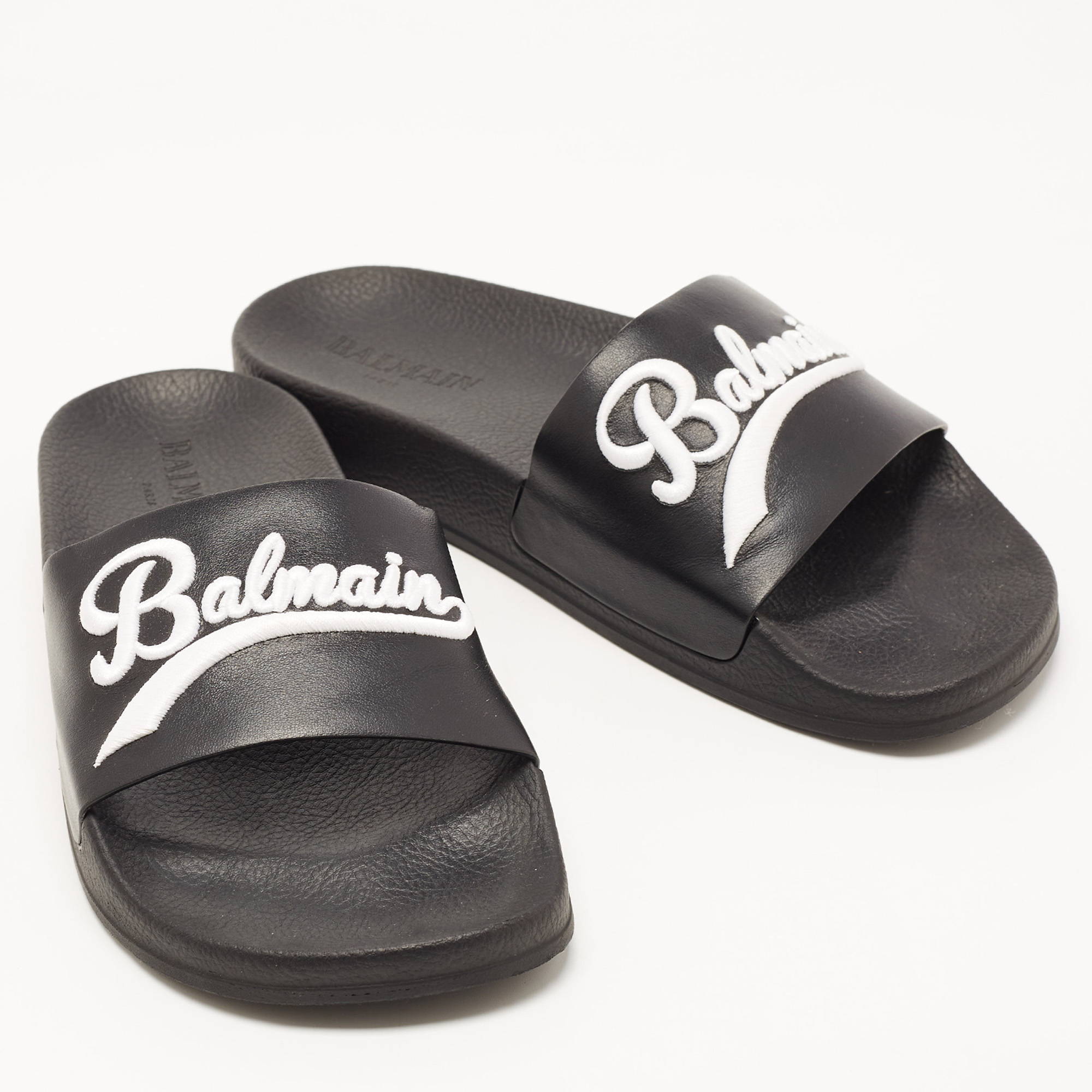 Balmain Black Logo Embroidered Leather Pool Slides Size 40