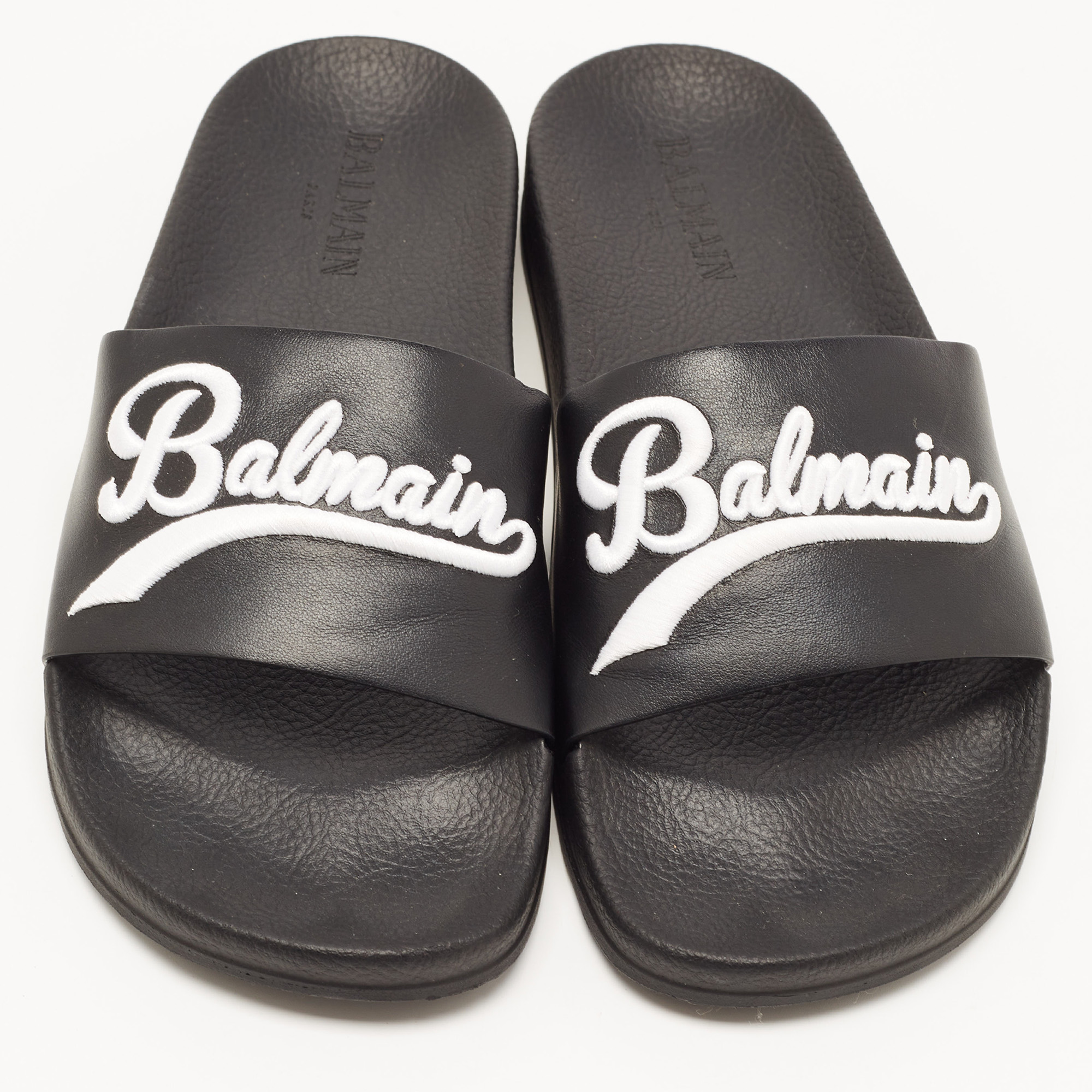 Balmain Black Logo Embroidered Leather Pool Slides Size 40