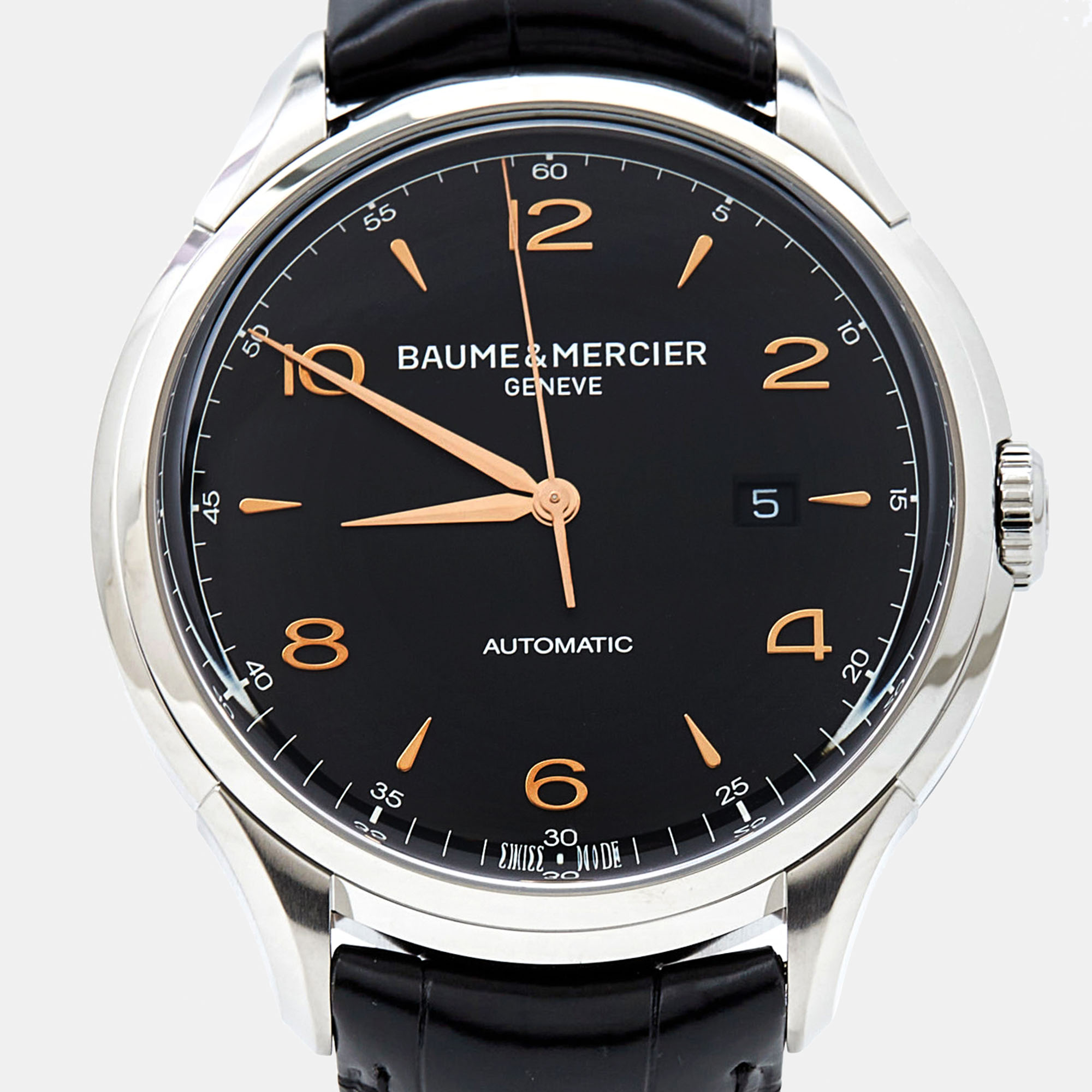 Baume & Mercier Black Stainless Steel Alligator Leather Clifton MOA10366 Men's Wristwatch 45 Mm