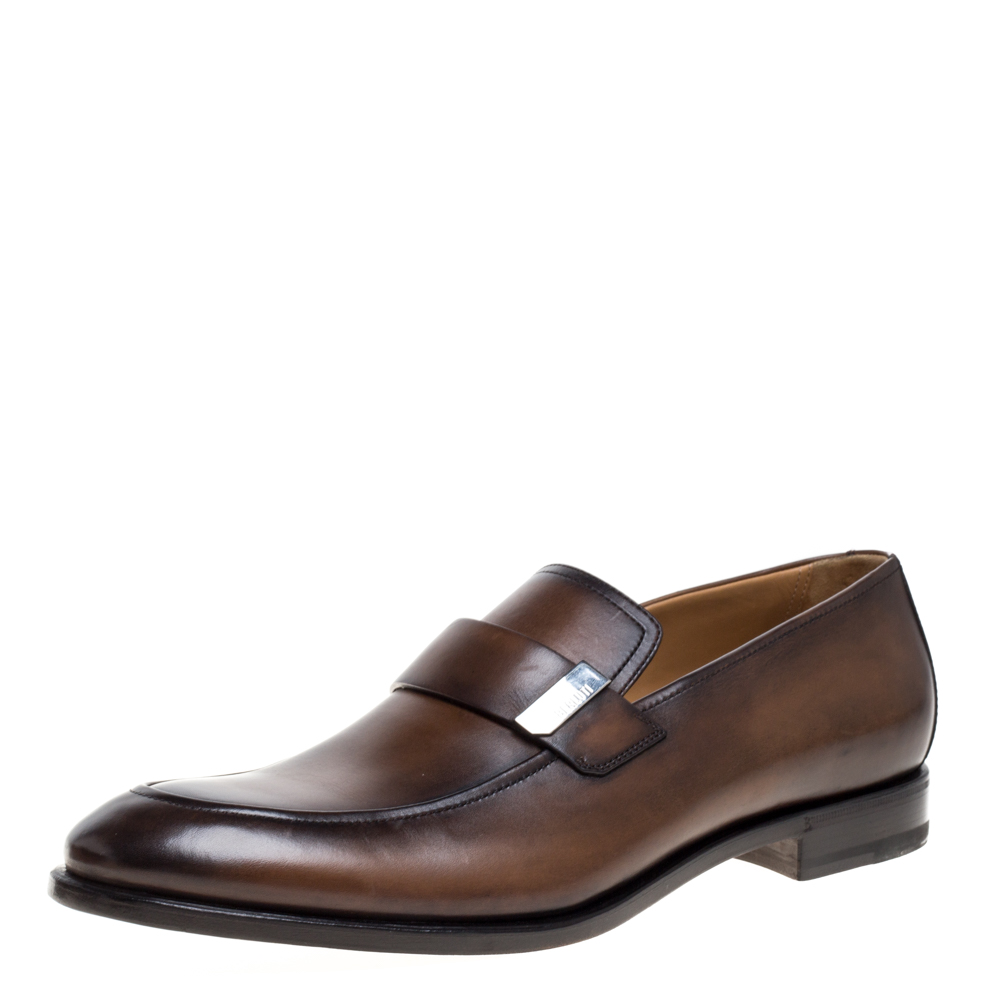 Image of Berluti Brown Leather Reflet Slip On Loafers Size .