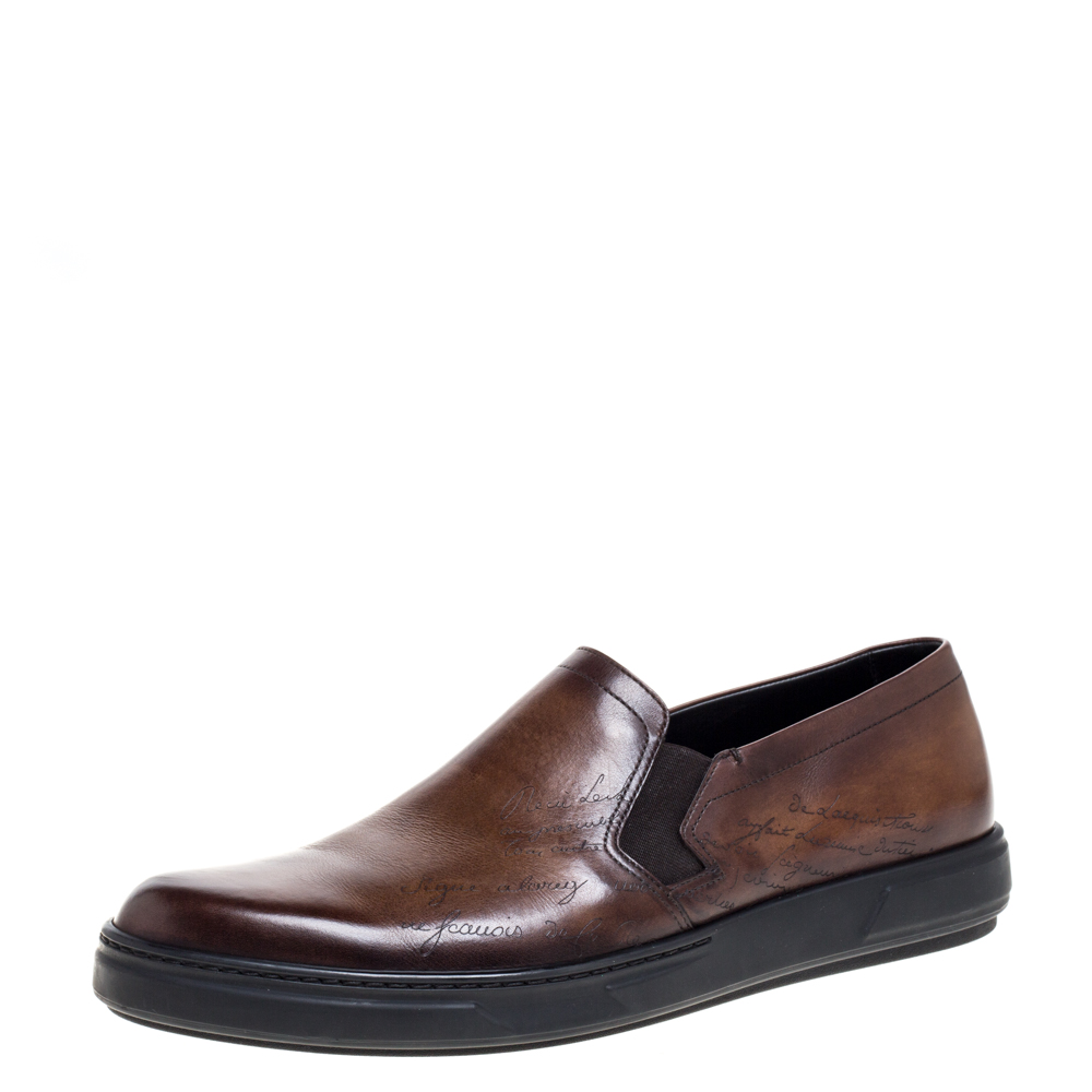 Image of Berluti Brown Leather New Tibeta Slip On Sneakers Size