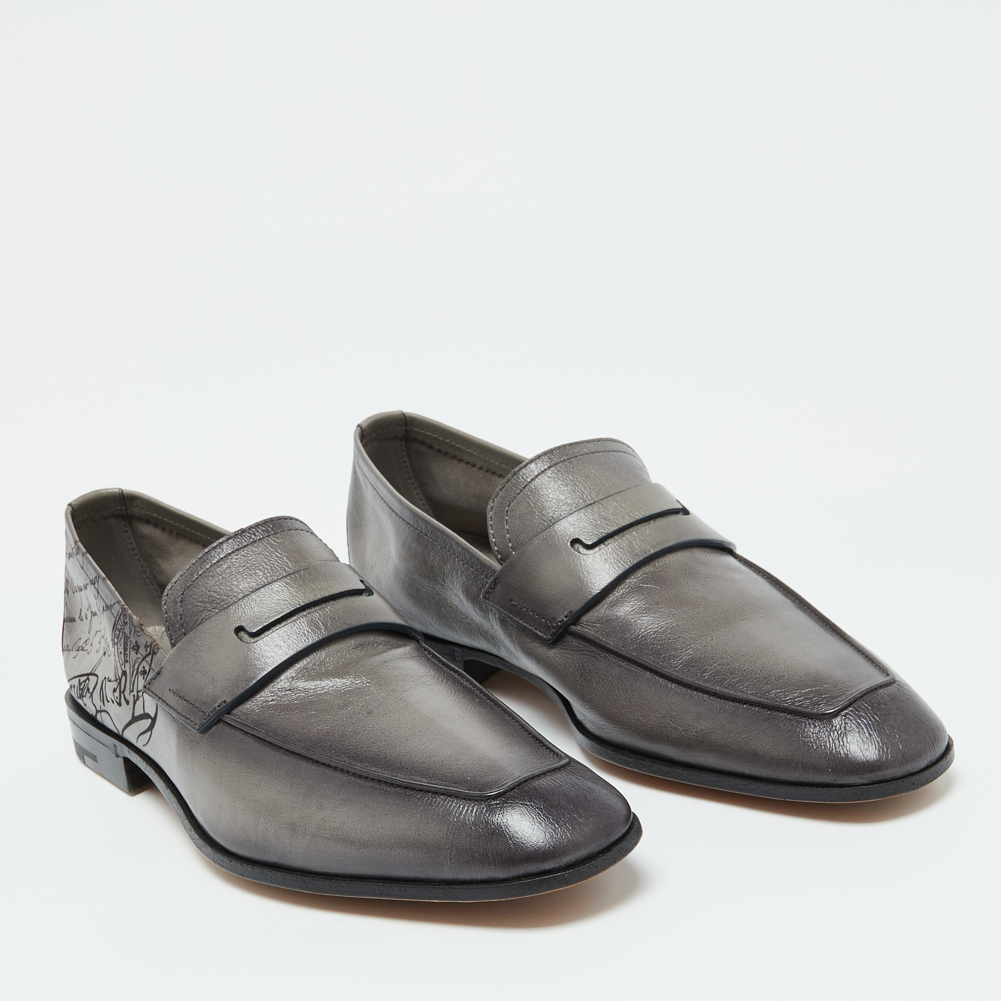 Berluti Grey Leather Lorenzo Scritto Loafers Size 39