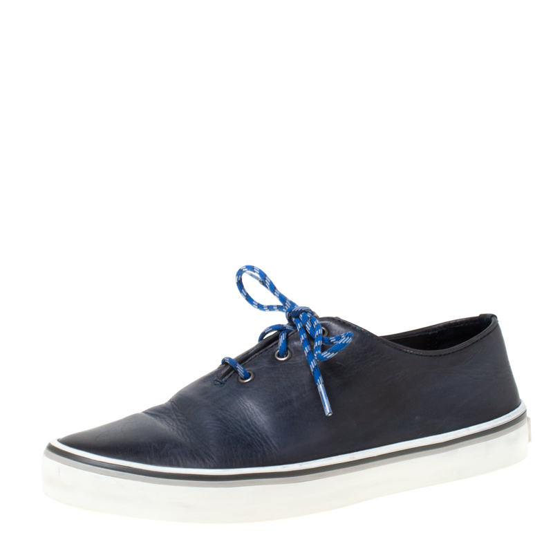 Image of Berluti Blue Leather Lace Up Sneakers Size .