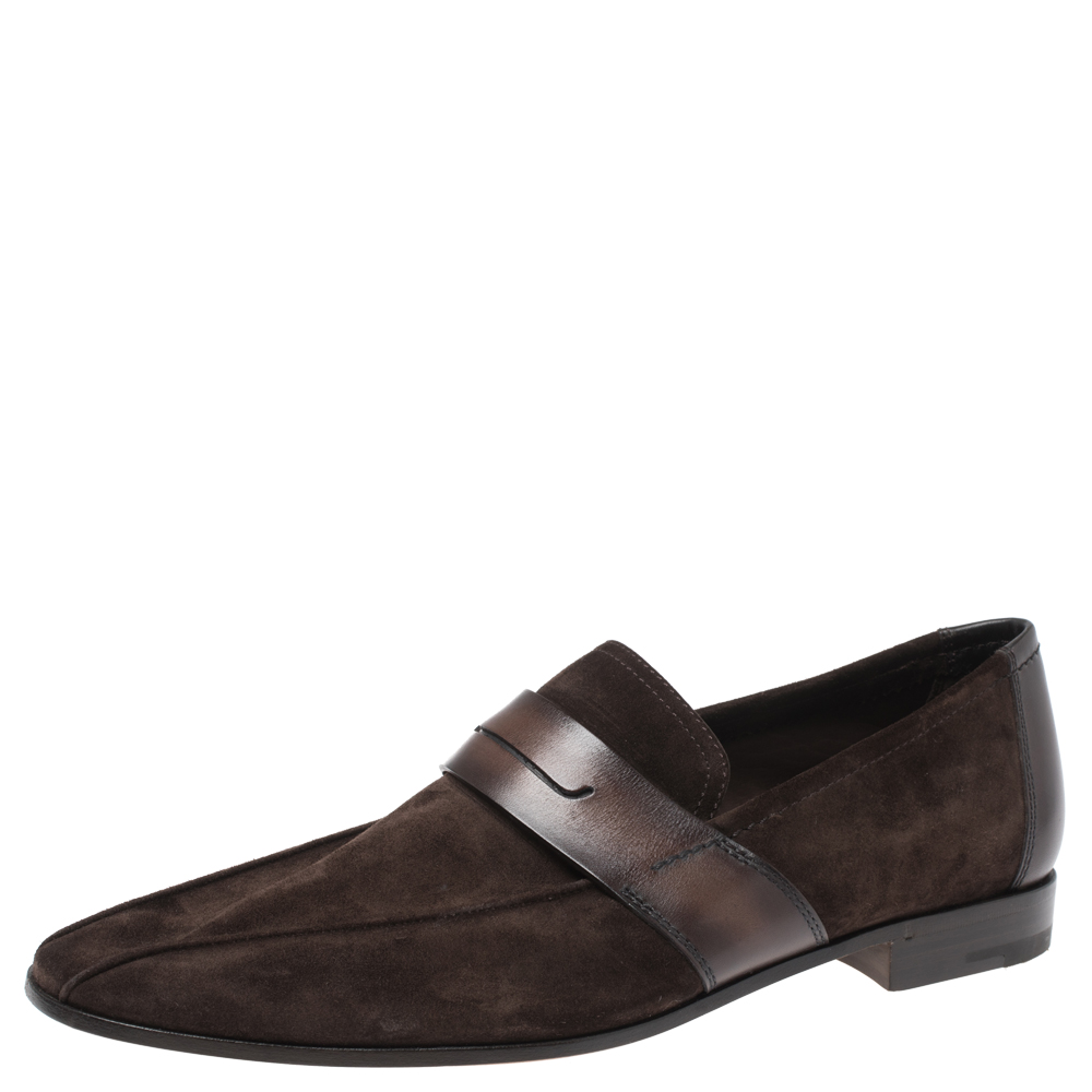 Image of Berluti Brown Leather And Suede Penny Loafers Size
