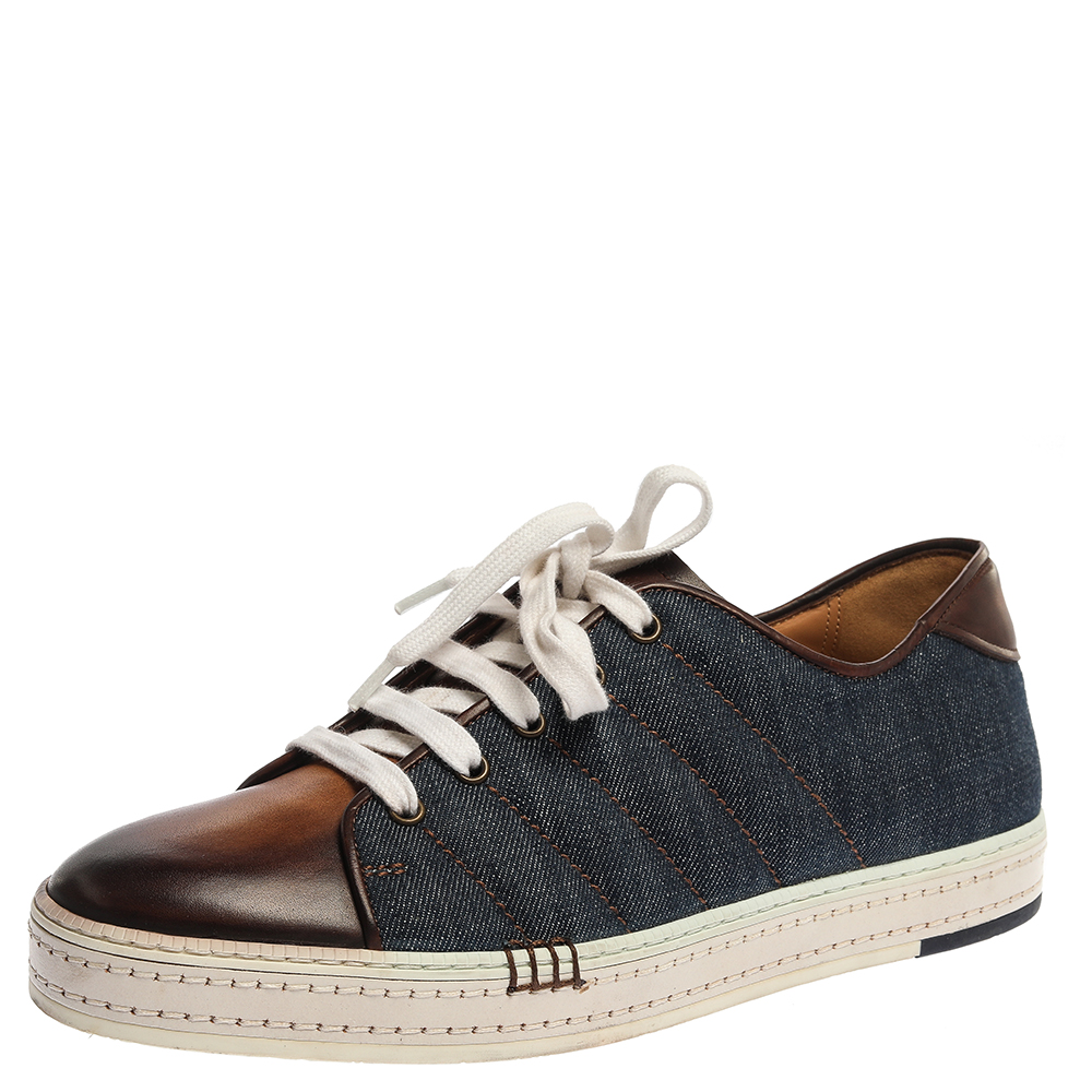 Image of Berluti Blue/Brown Denim And Leather Playfield Side-Stitch Sneakers Size .