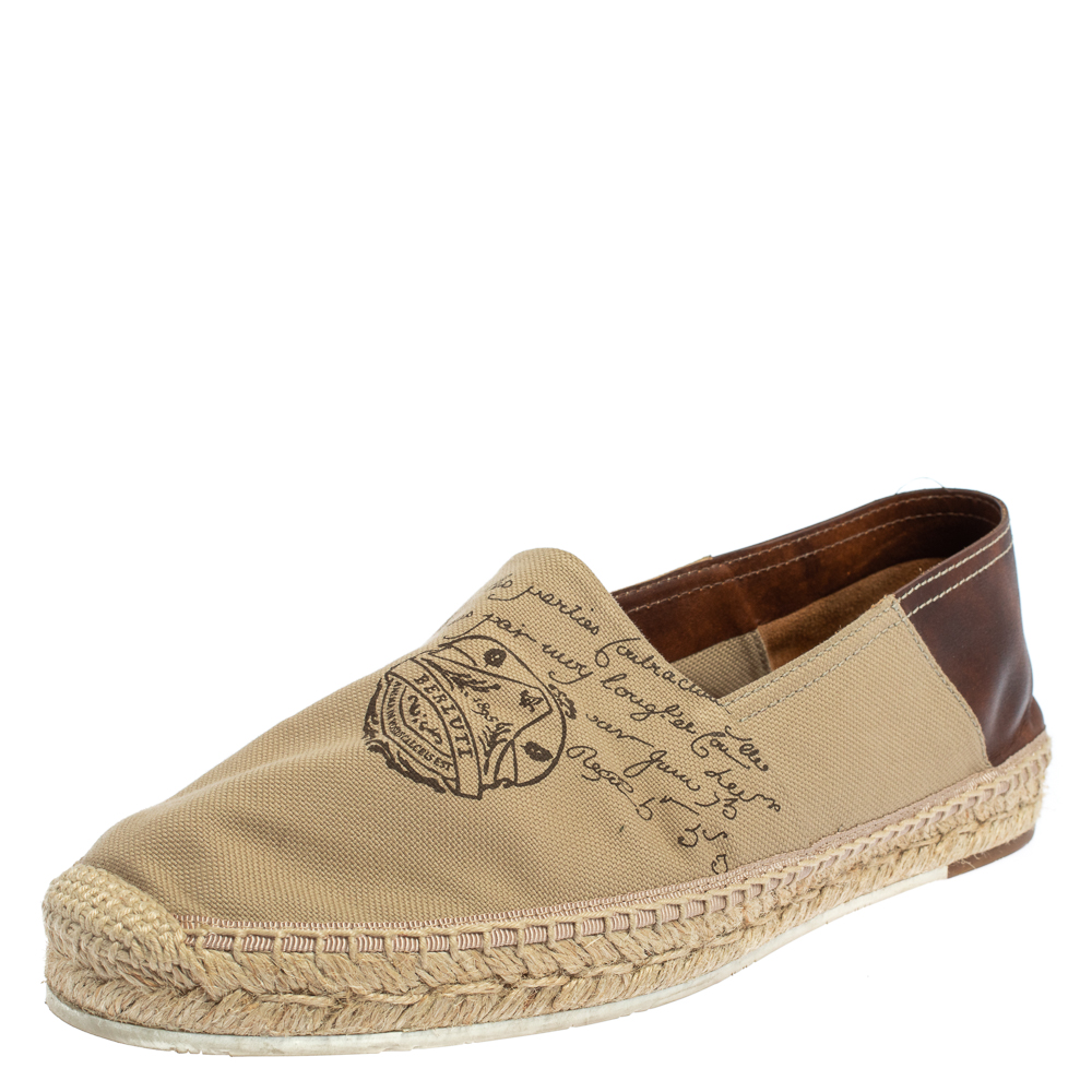 Berluti Beige/Brown Canvas and Leather Logo Slip on Espadrilles Size 40