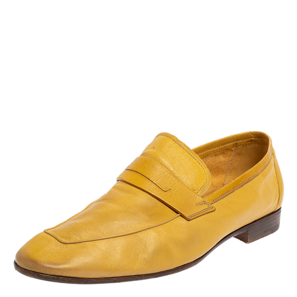 Berluti Yellow Leather Lorenzo Penny Slip On Loafers Size 42.5