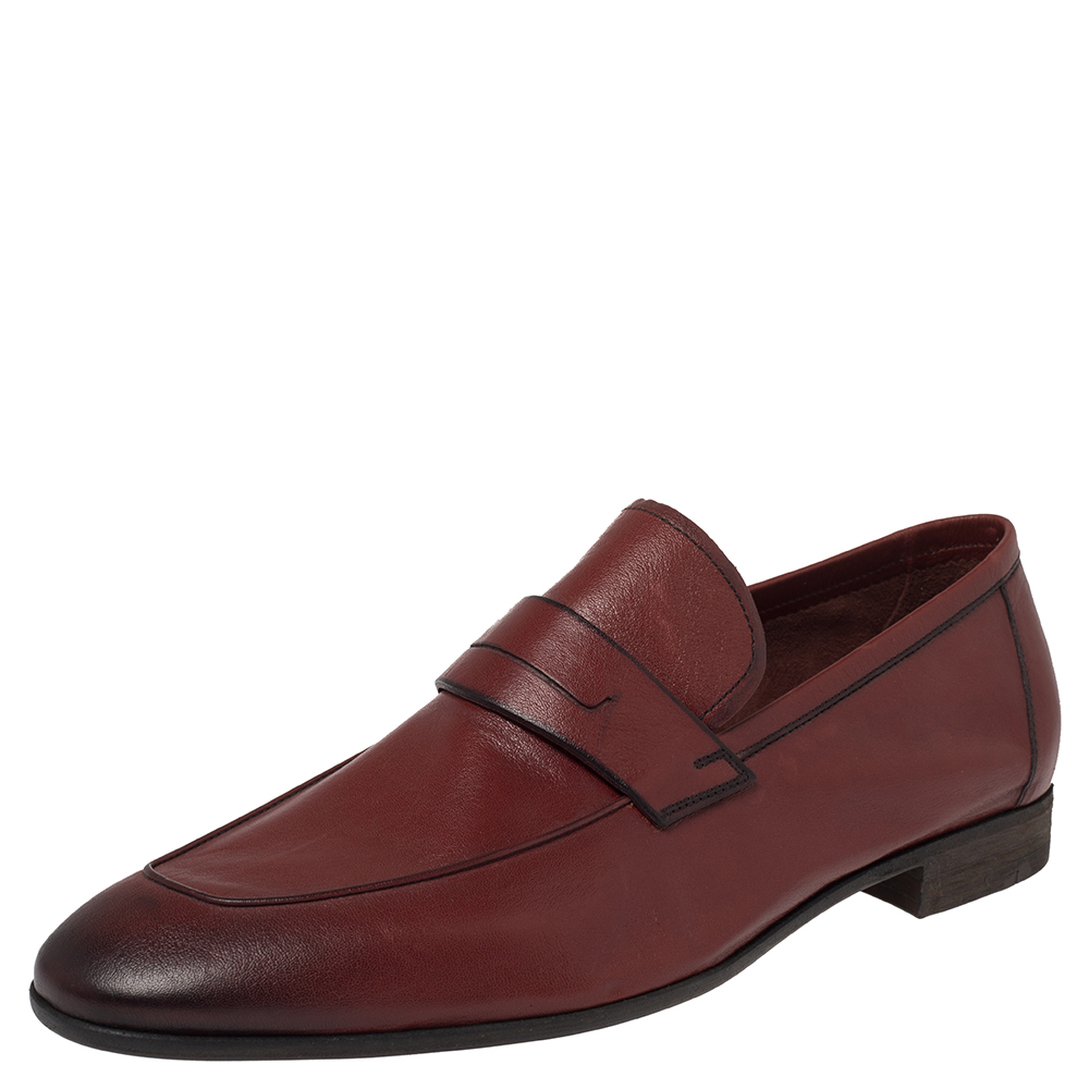 Berluti Burgundy Leather Lorenzo Penny Slip On Loafers Size 42.5