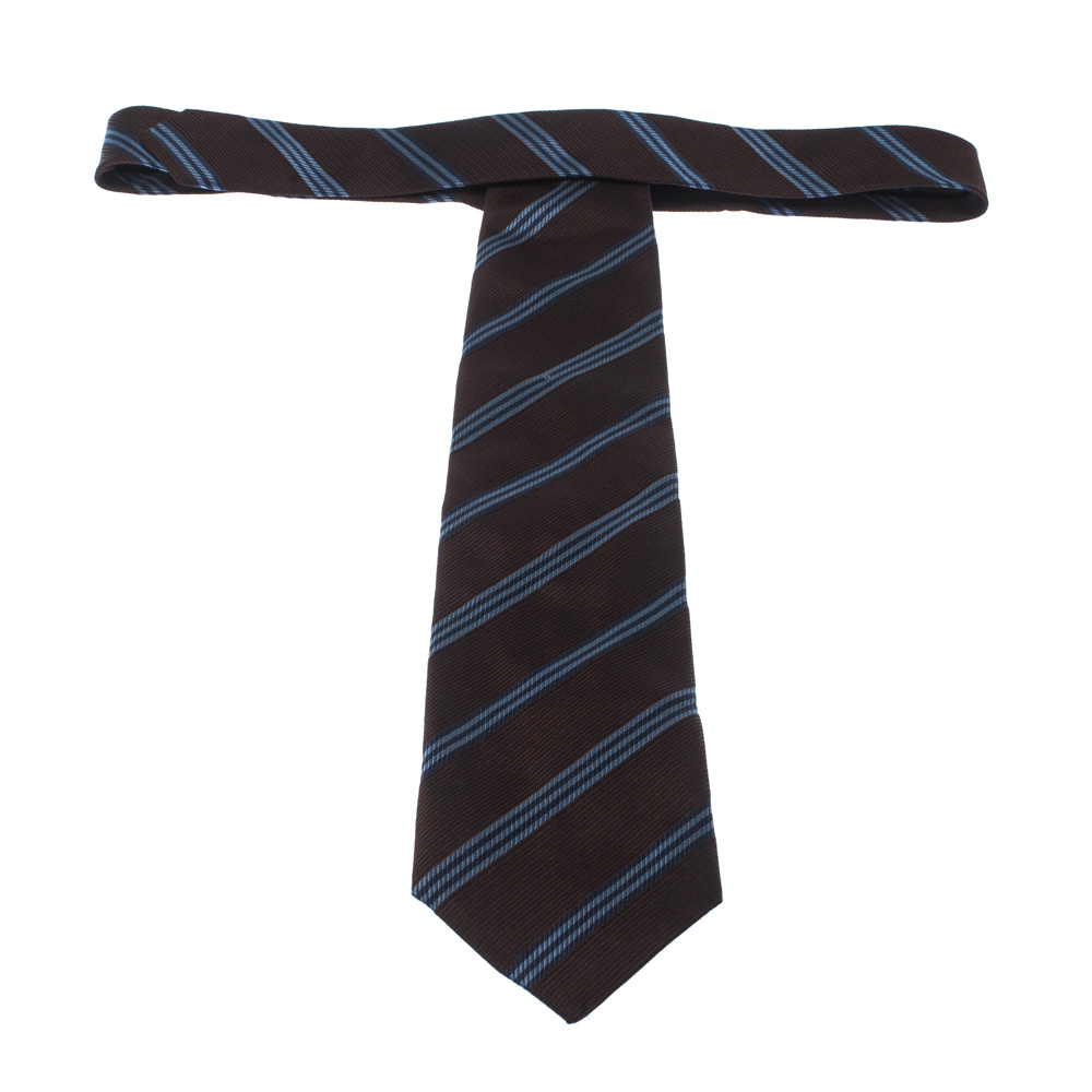 Boss By Hugo Boss Brown & Blue Diagonal Stripes Silk Jacquard Traditional Tie