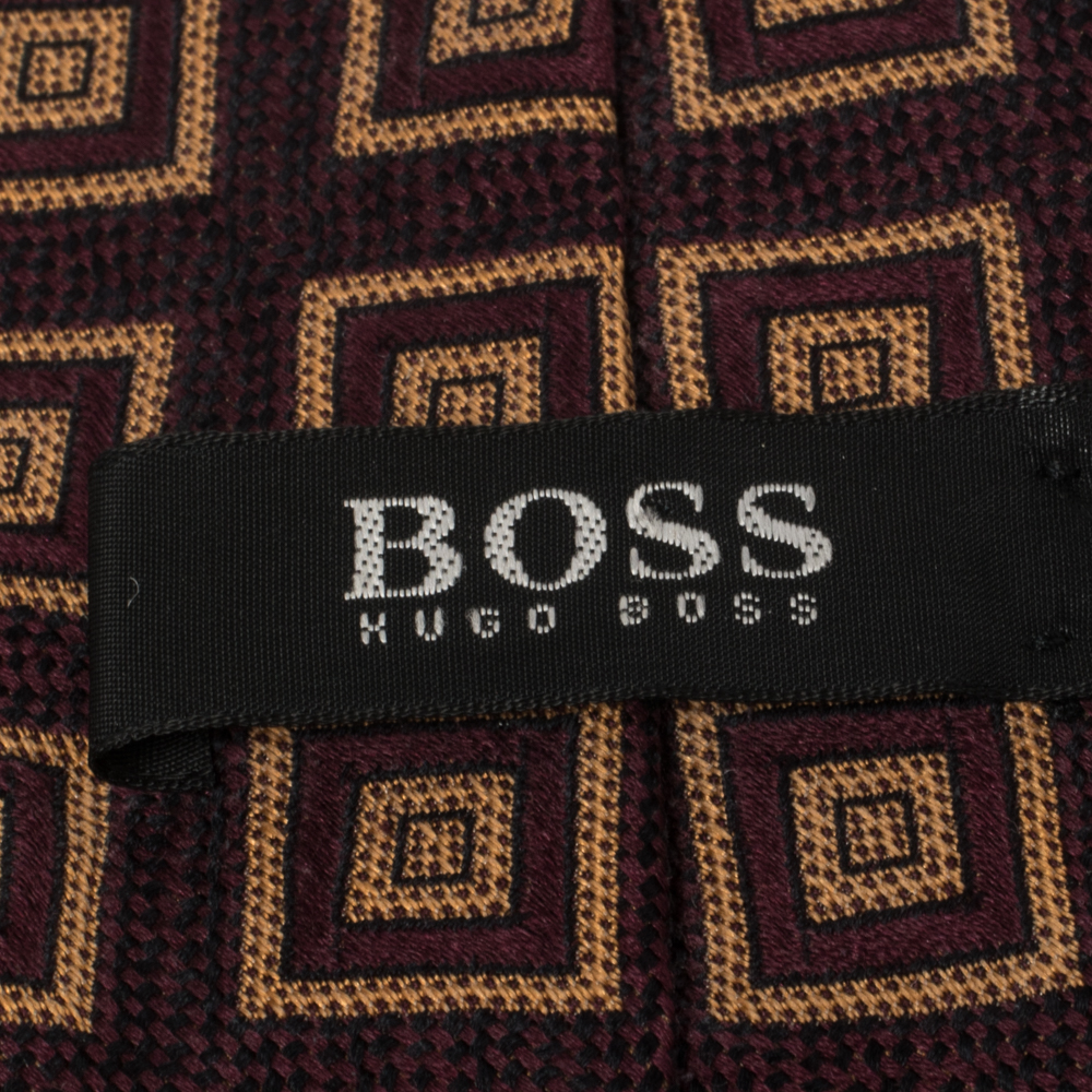 Boss By Hugo Boss Burgundy Square Patterned Silk Jacquard Traditional Tie