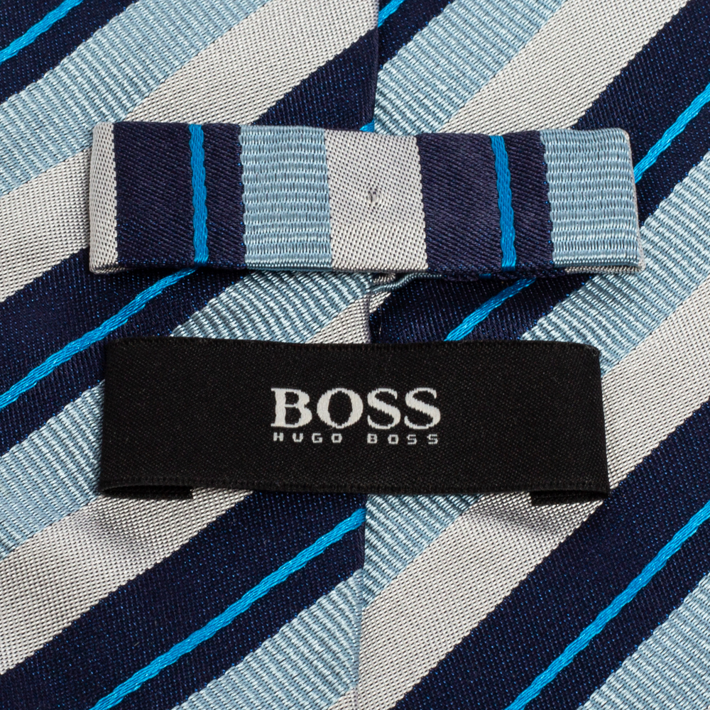 Boss By Hugo Boss Blue Diagonal Striped Silk Traditional Tie