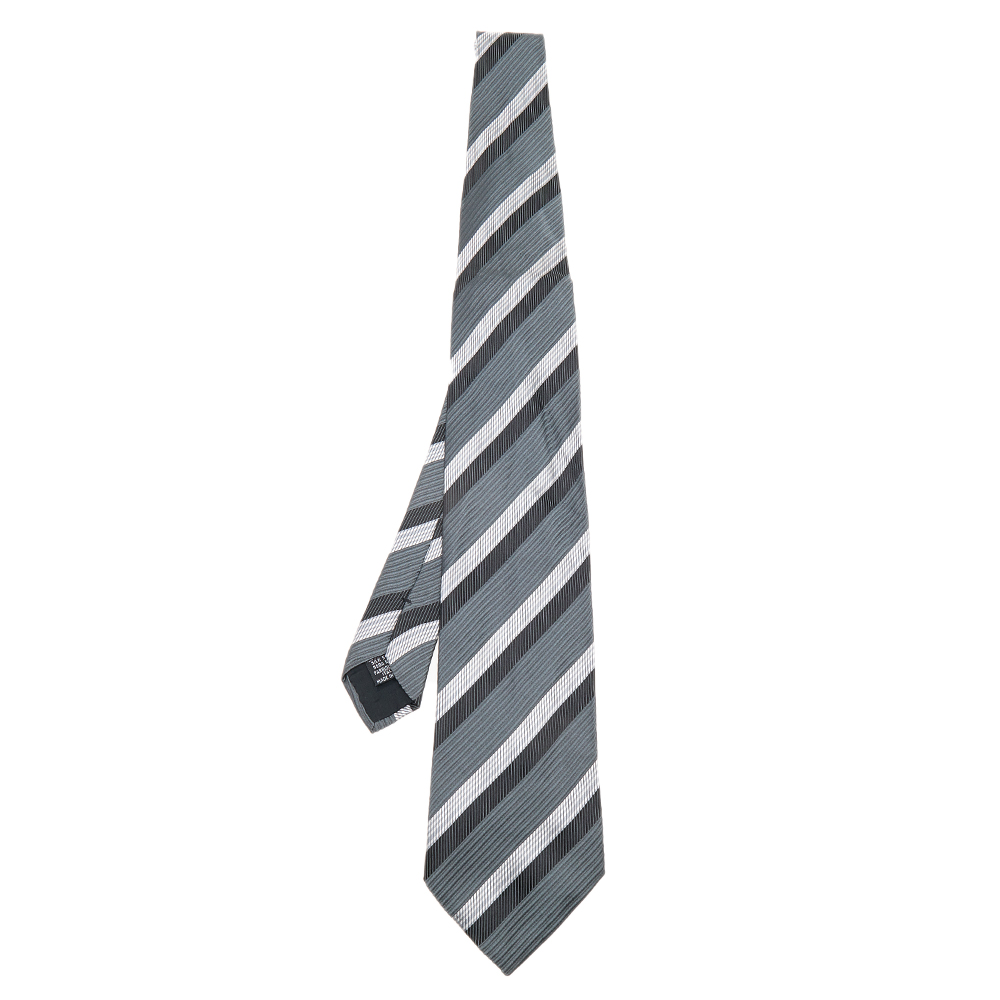 Boss By Hugo Boss Grey Striped Silk Jacquard Tie