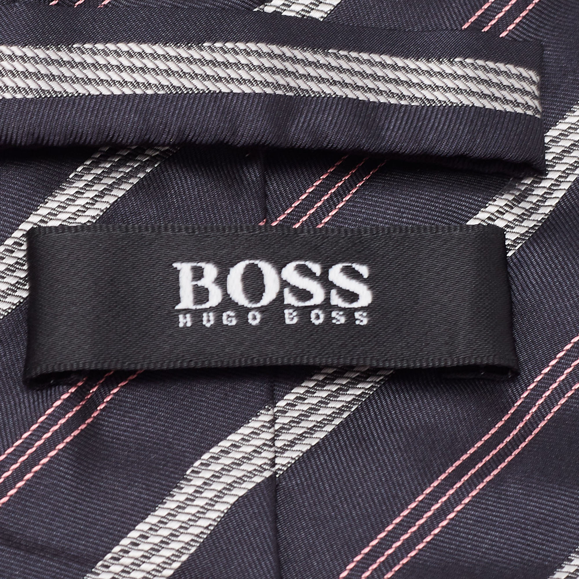 Boss By Hugo Boss Navy Blue Diagonal Striped Silk Tie
