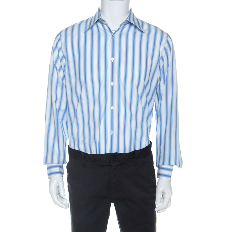 Image of Boss By Hugo Boss Blue Striped Cotton Long Sleeve Shirt L