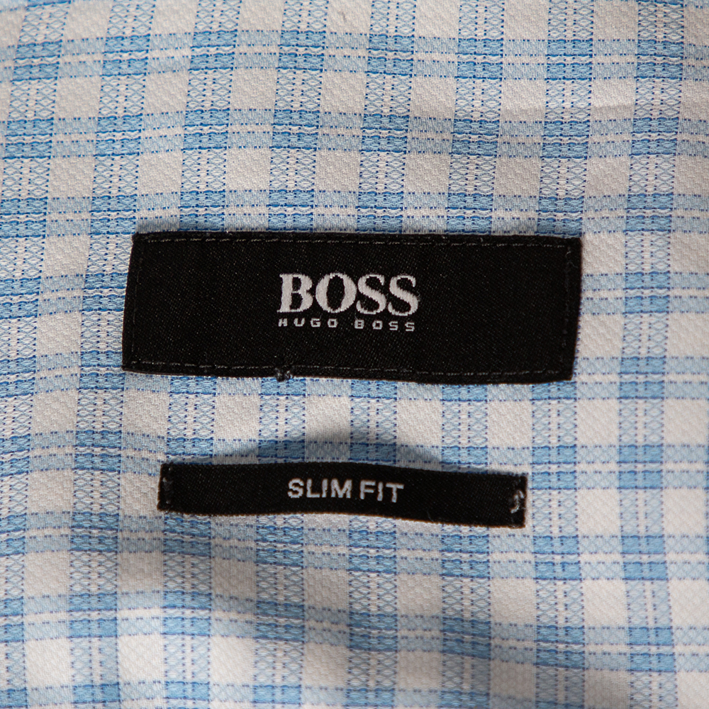 Boss Hugo Boss Blue Checkered Cotton Slim Fit Shirt M