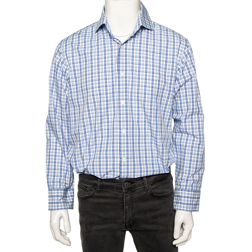 

Boss By Hugo Boss Blue Checkered Cotton Button Front Regular Fit Shirt