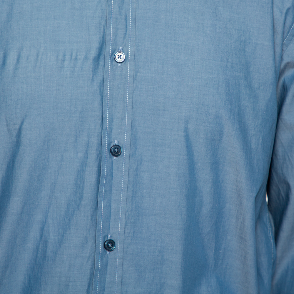 Boss By Hugo Boss Blue Cotton Button Front Slim Fit Stretch Shirt XL