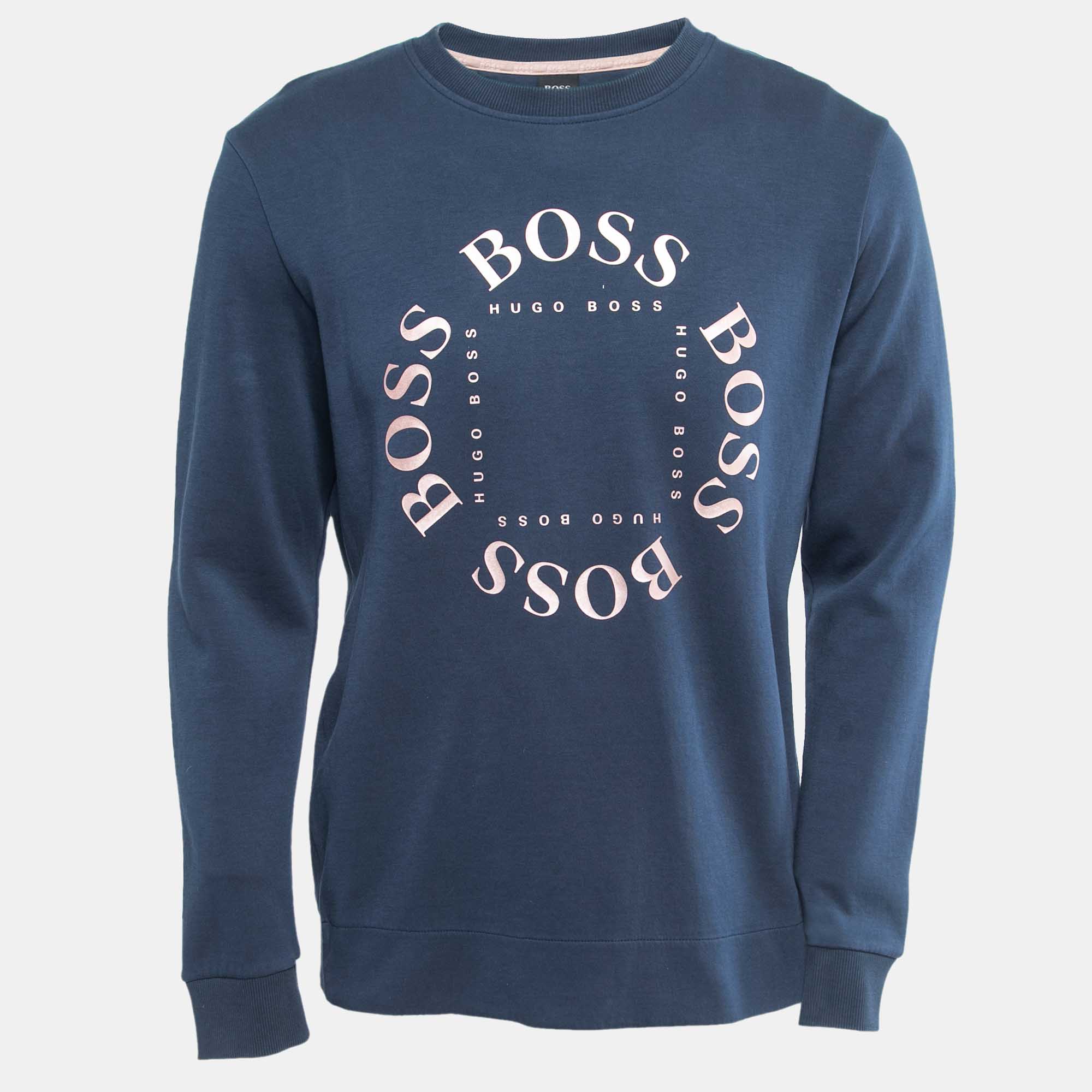 Boss By Hugo Boss Navy Blue Logo Print Knit Salbo Circle Sweatshirt L