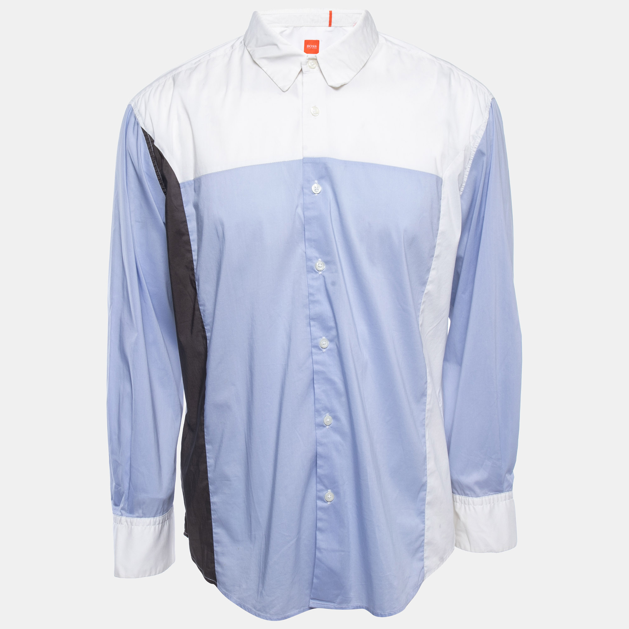 Boss Orange By Hugo Boss White/Blue Cotton Blend Button Front Full Sleeve Shirt XXL