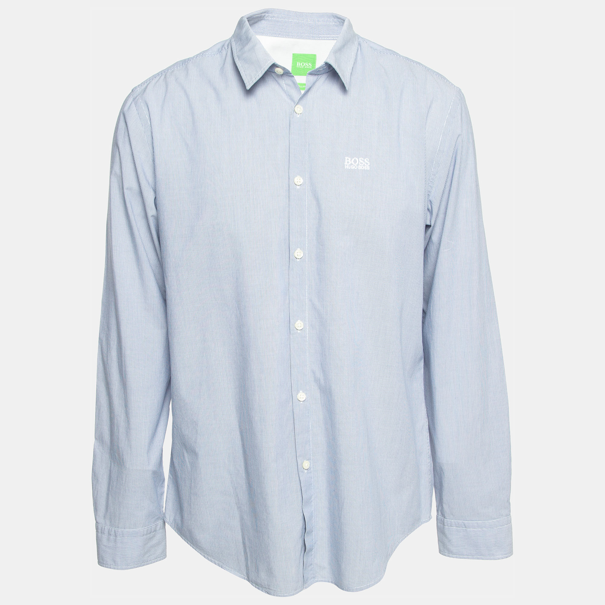 Boss By Hugo Boss Blue Striped Cotton Button Front Regular Fit Shirt XL