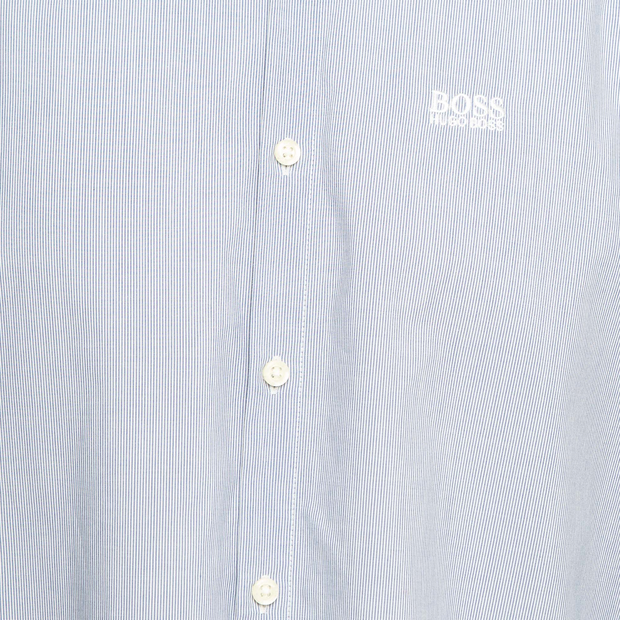 Boss By Hugo Boss Blue Striped Cotton Button Front Regular Fit Shirt XL