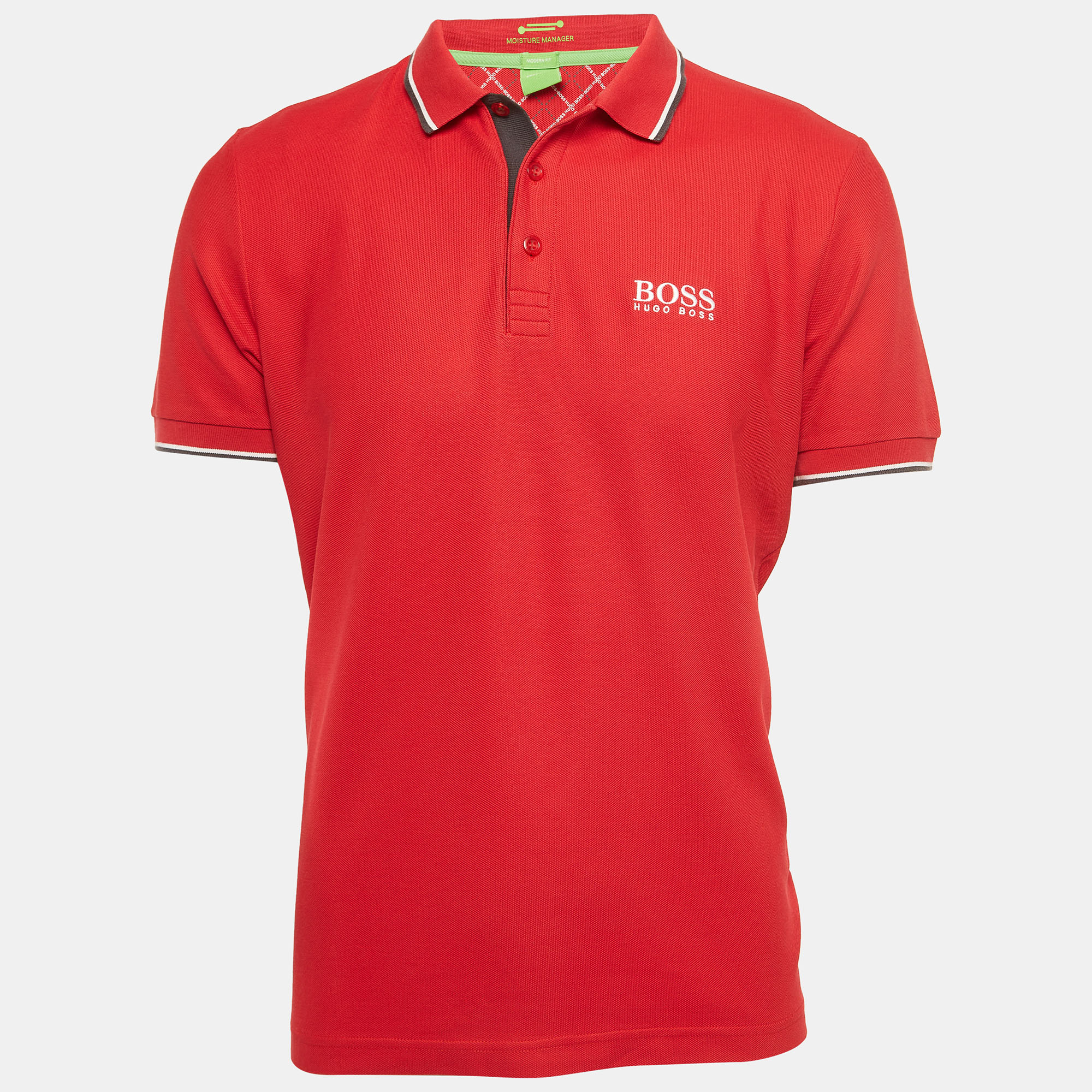 Boss by hugo boss red logo embroidered knit polo t-shirt l