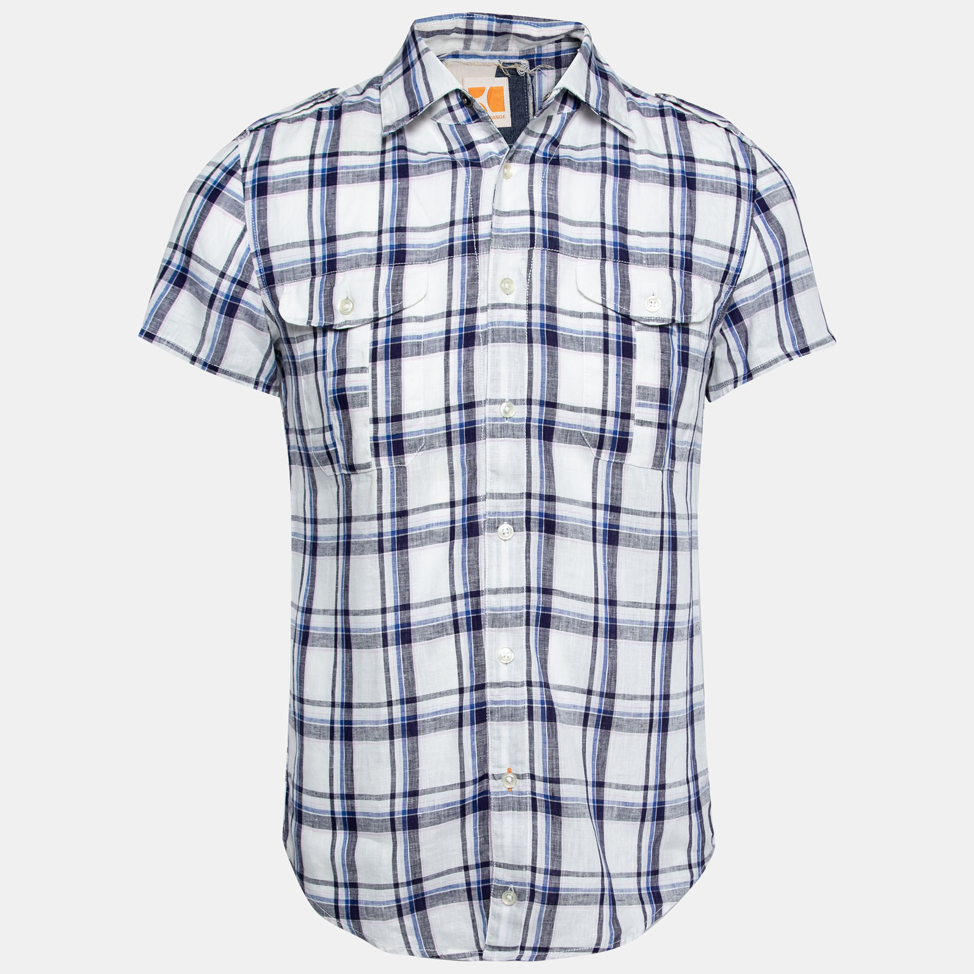 Boss Orange By Hugo Boss White And Blue Check Print Linen Short Sleeves Shirt S