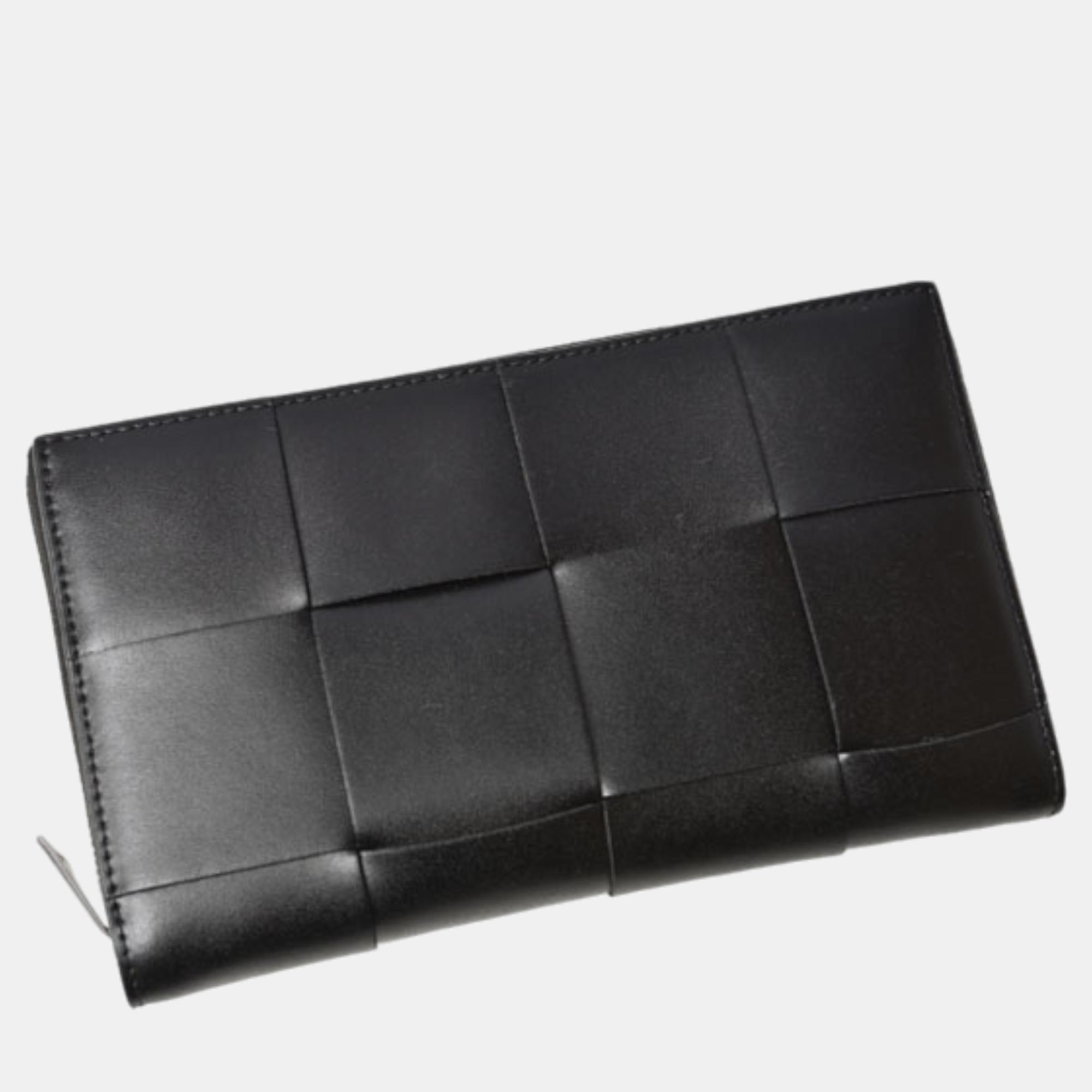 Bottega Veneta Black Leather Intrecciato Zip-Around Long Wallet