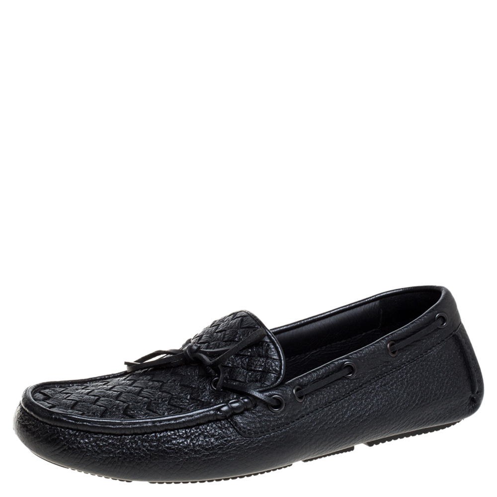 Image of Bottega Veneta Black Intrecciato Leather Cervo Wave Driver Bow Loafers Size
