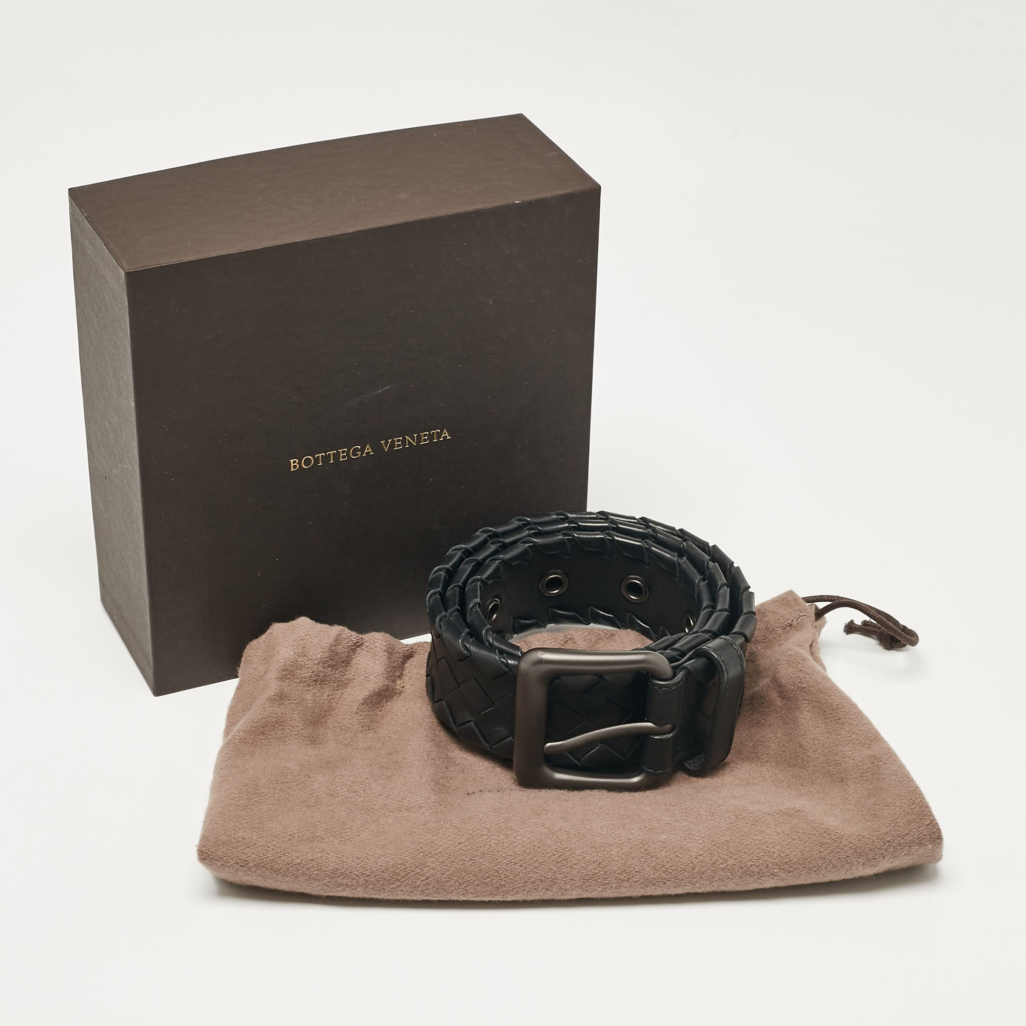 Bottega Veneta Black Intrecciato Leather Buckle Belt 75CM