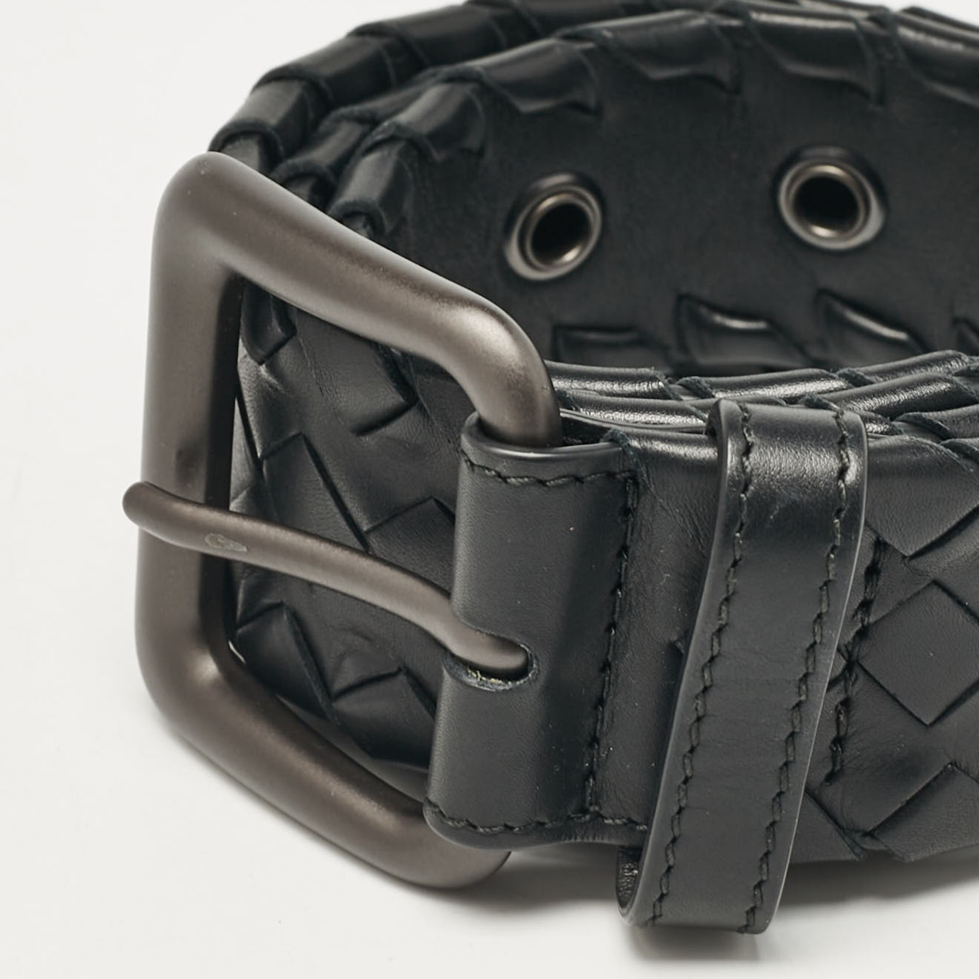 Bottega Veneta Black Intrecciato Leather Buckle Belt 75CM