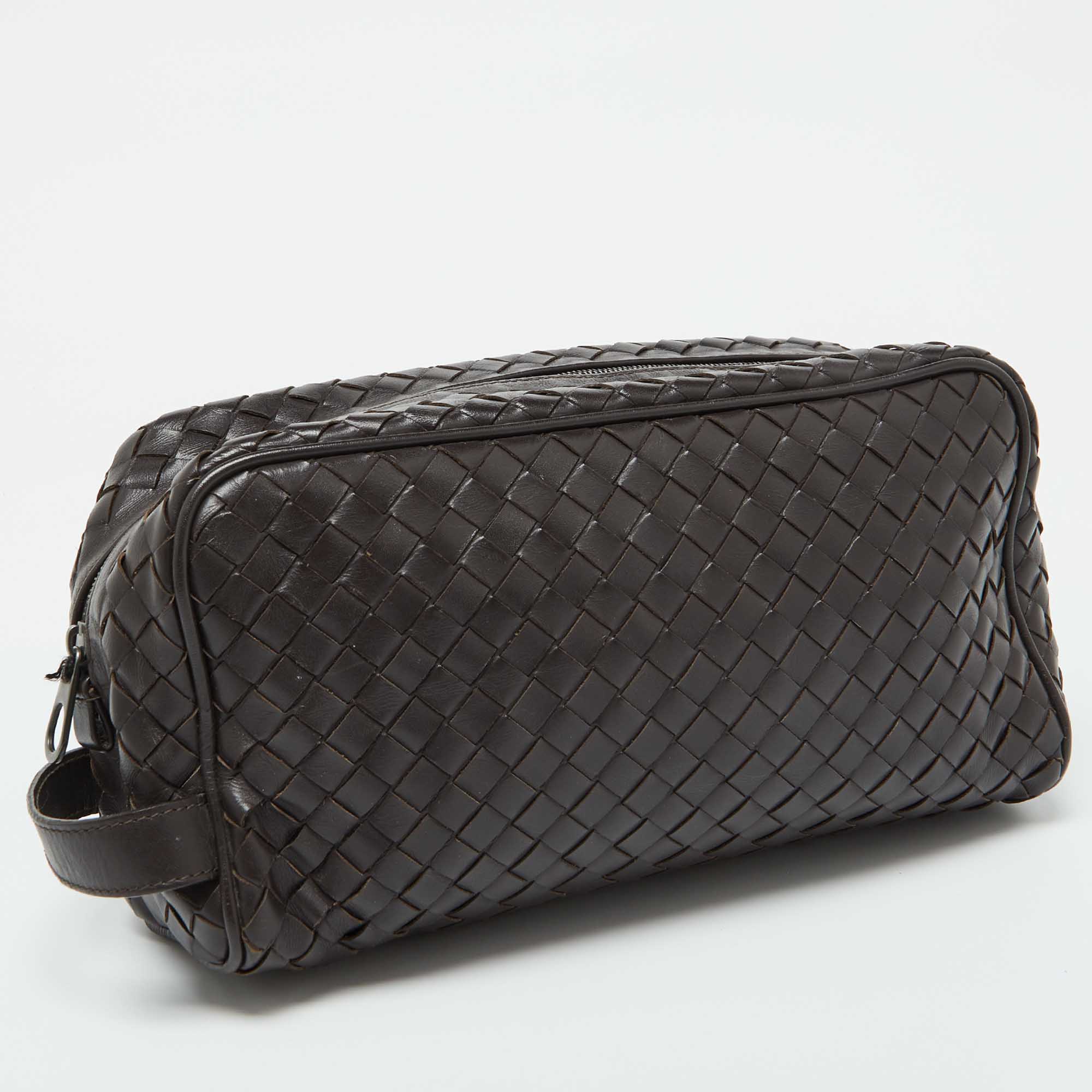 Bottega Veneta Dark Brown Intrecciato Leather Travel Pouch