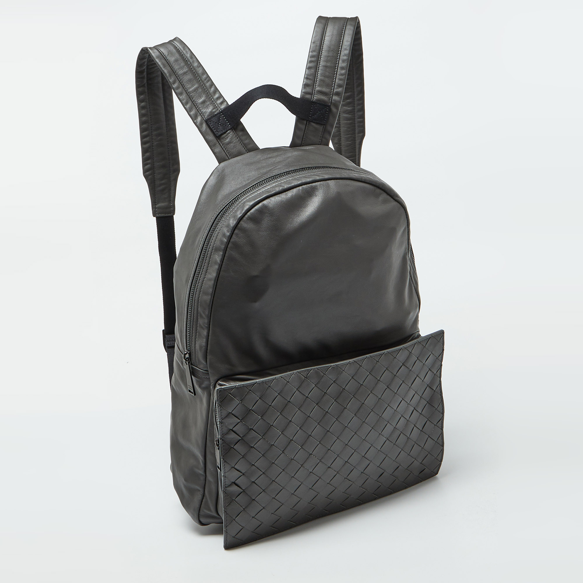 Bottega Veneta Grey Leather Intrecciato Pocket Backpack