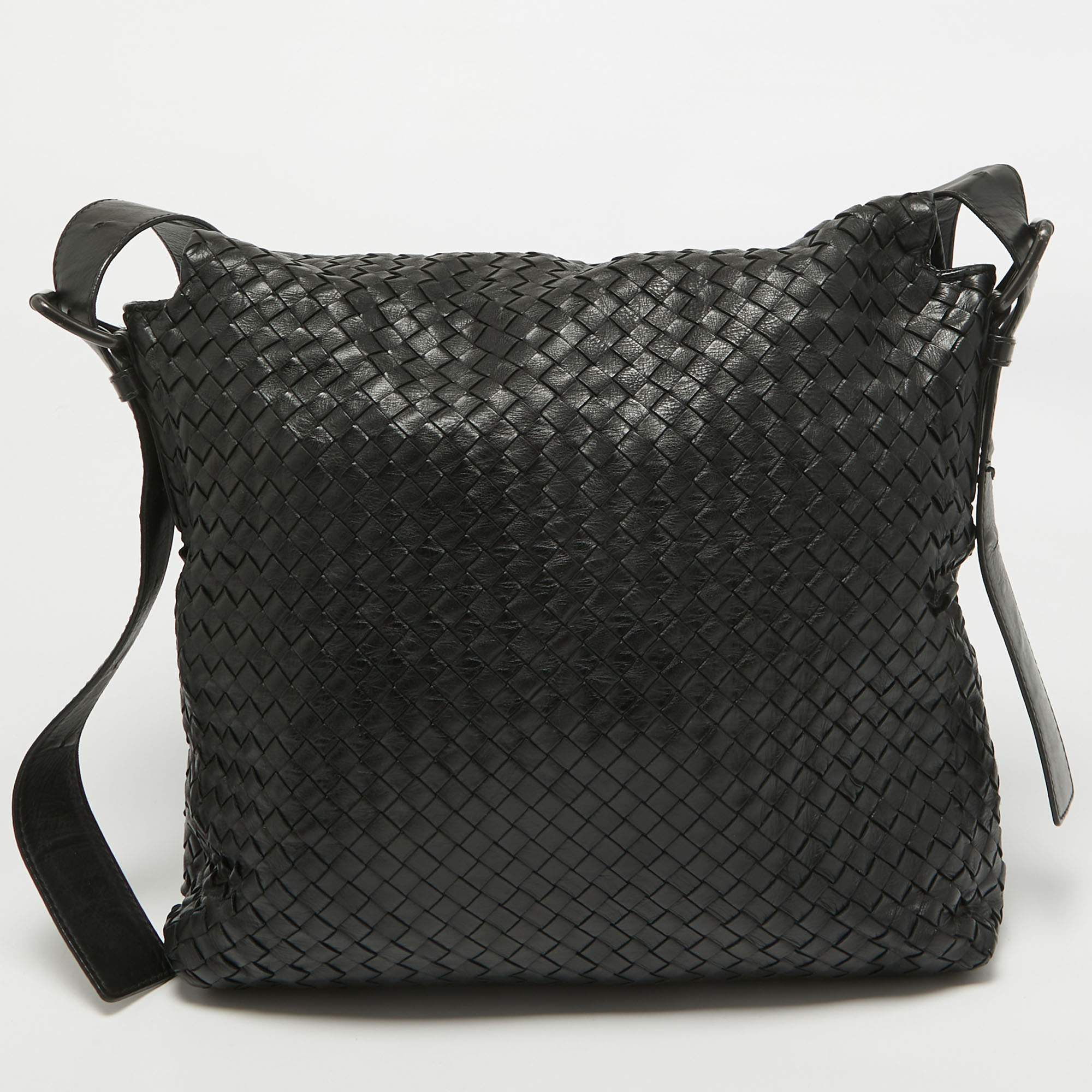 Bottega Veneta Black Intrecciato Leather Flap Messenger Bag