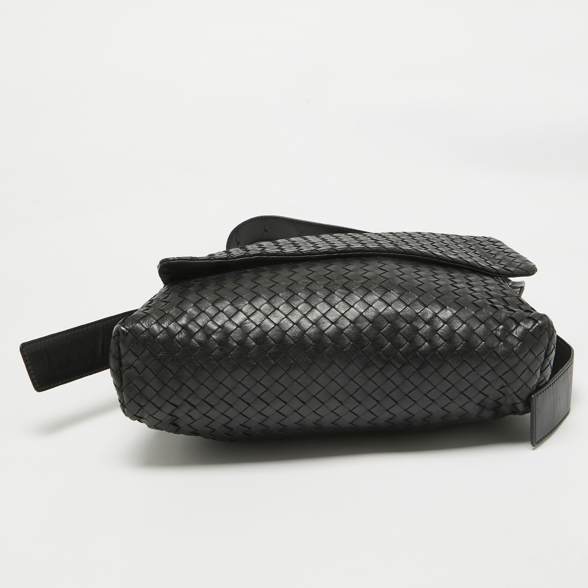 Bottega Veneta Black Intrecciato Leather Flap Messenger Bag