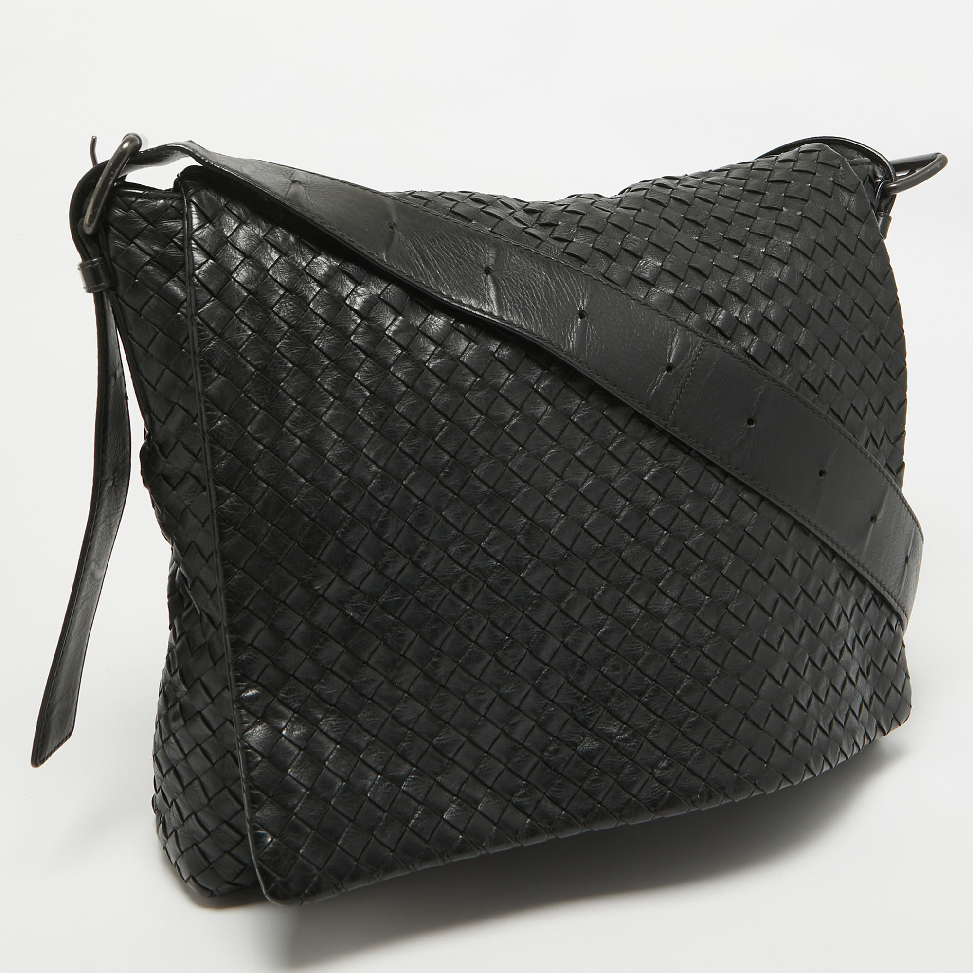 Bottega Veneta Black Intrecciato Leather Flap Messenger Bag