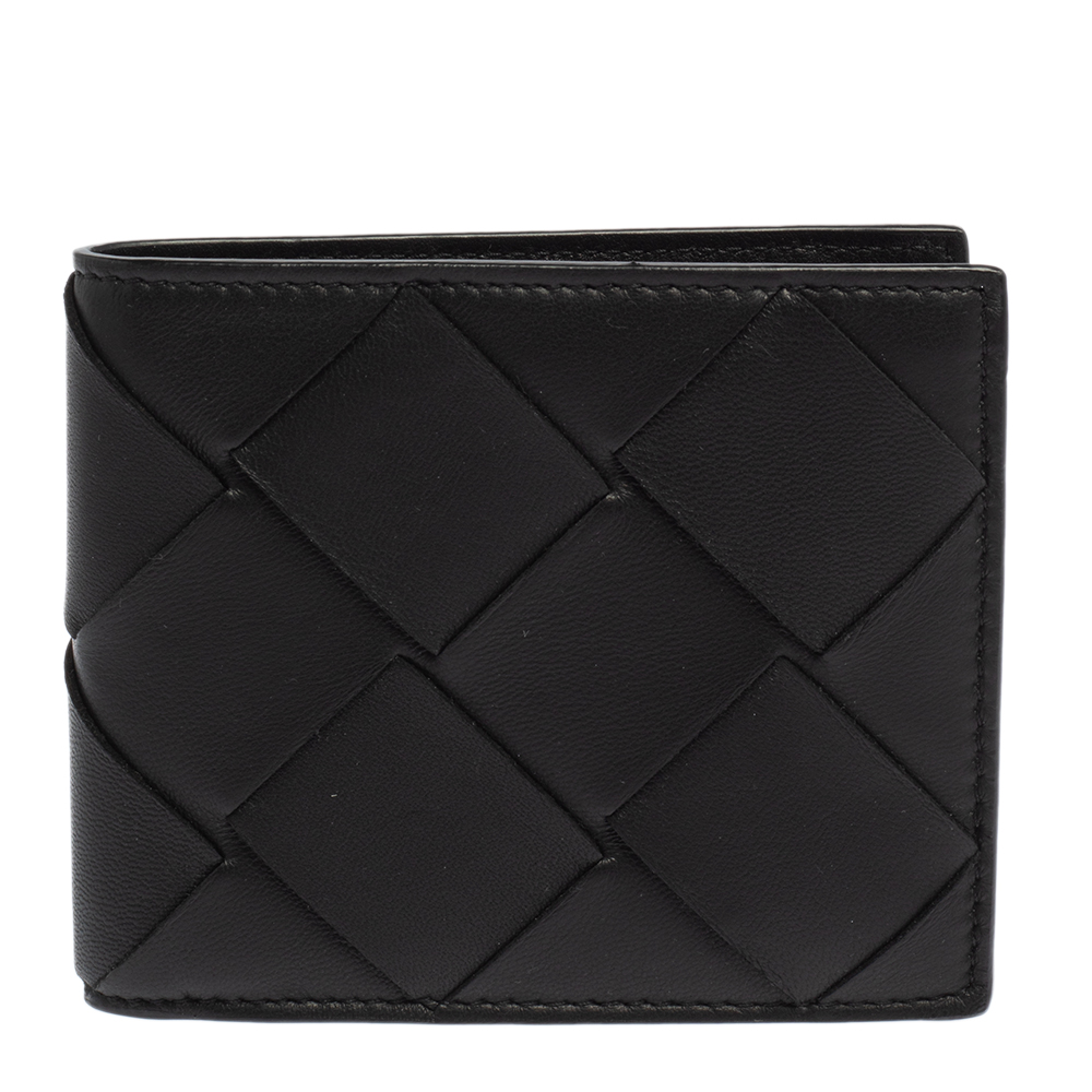 Bottega Venetta Black Maxi Intrecciato Leather Bifold Wallet